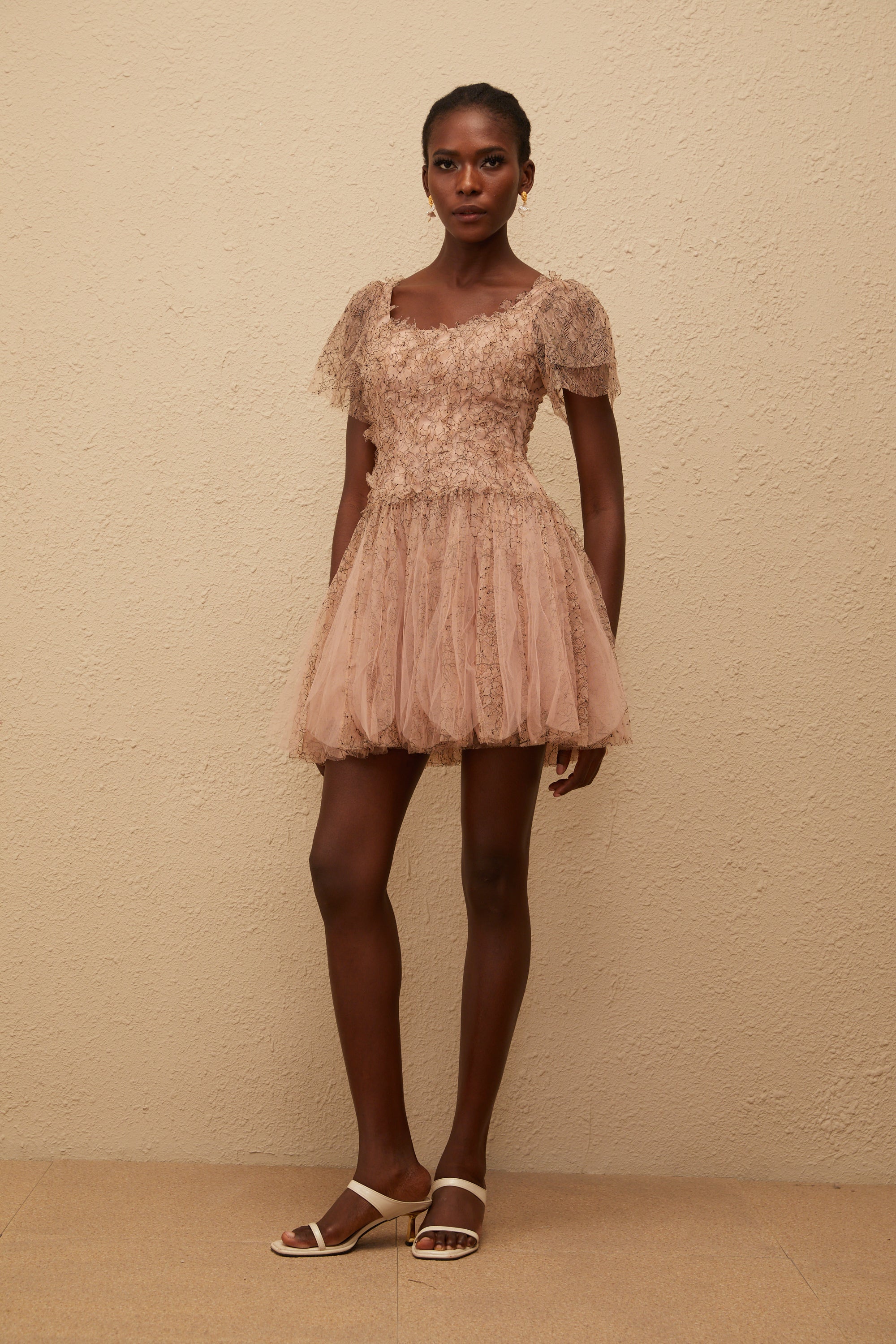 Gaëtane Braunes Minikleid mit Tülleinsatz und Spitze