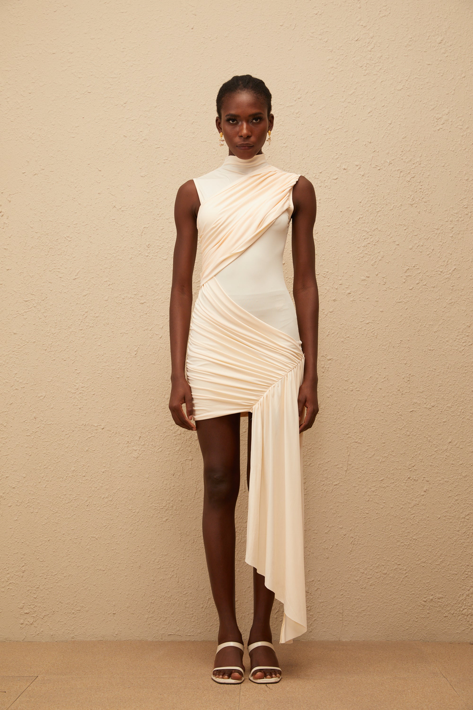 Géraldine Neutral Asymmetrical Ruched Mini Dress