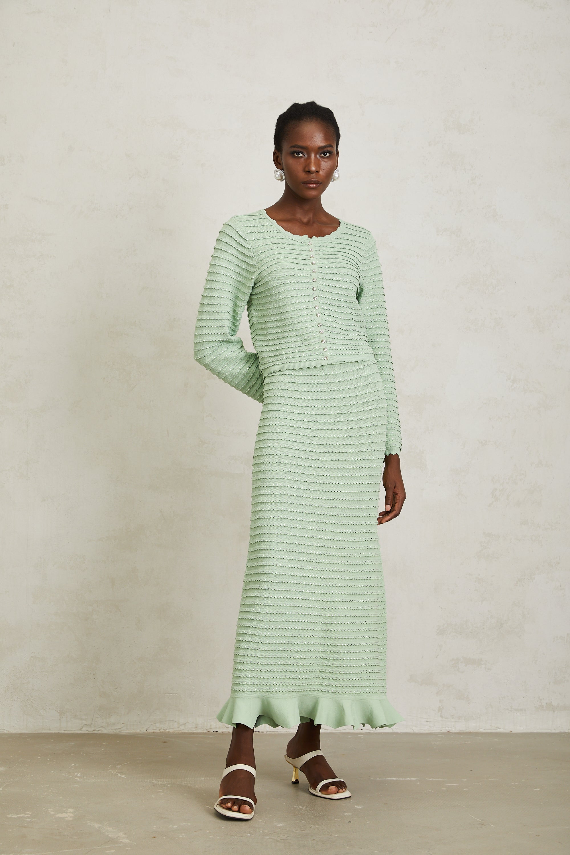 Colette Green Rhinestone Wavy Knit Cardigan & Skirt Set