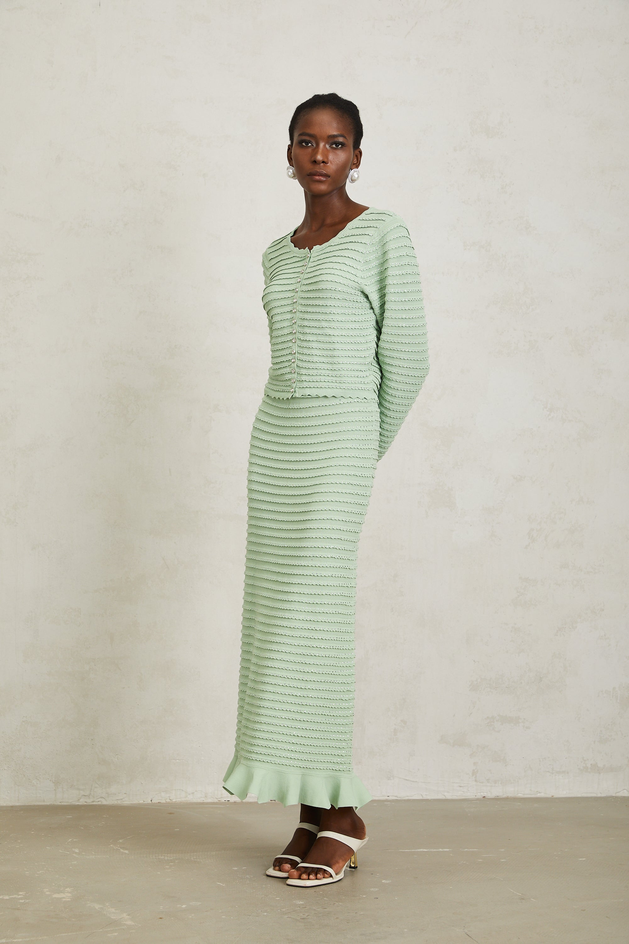 Colette Green Rhinestone Wavy Knit Cardigan & Skirt Set