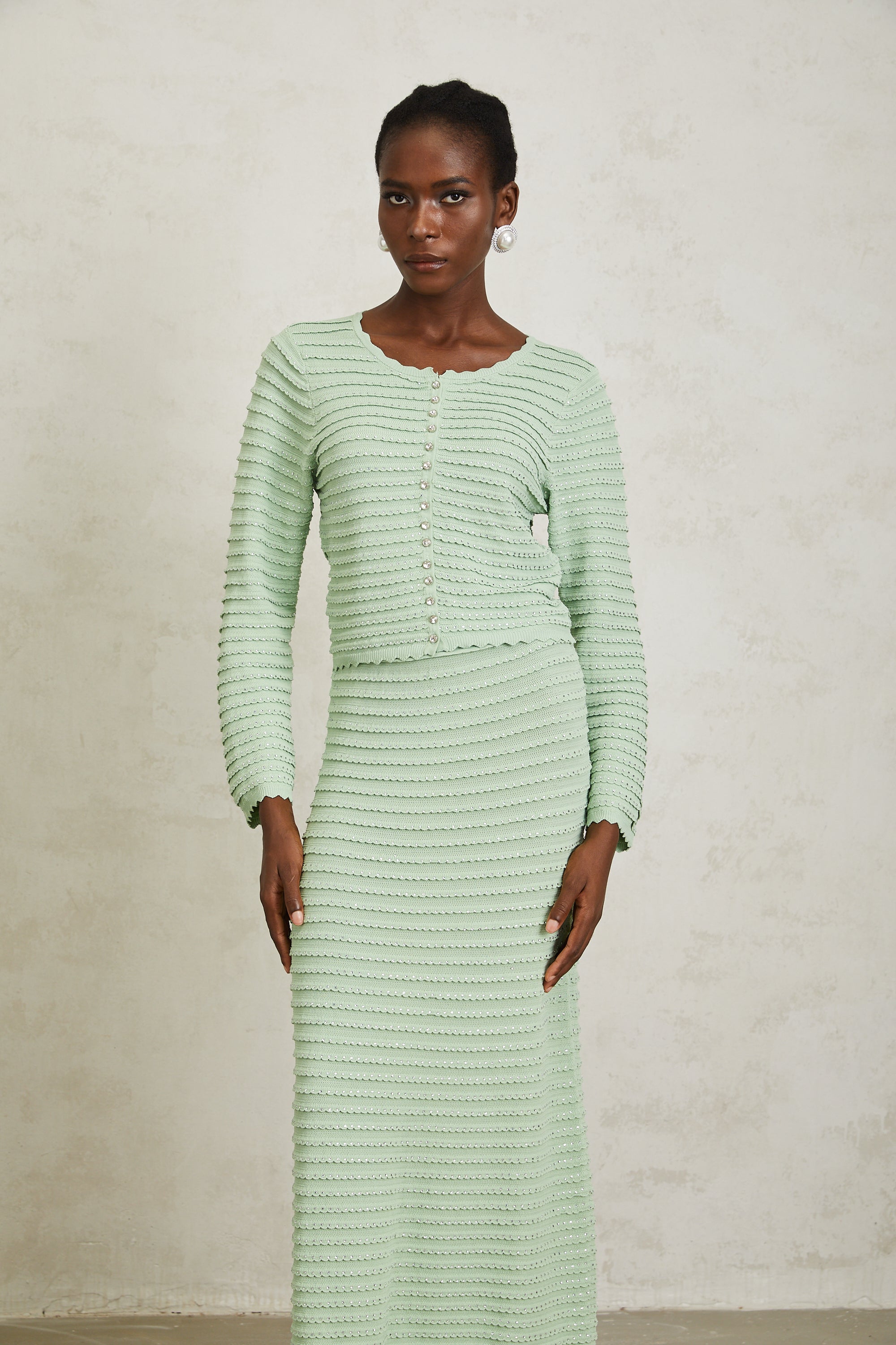 Colette Green Rhinestone Wavy Knit Cardigan & Skirt Set