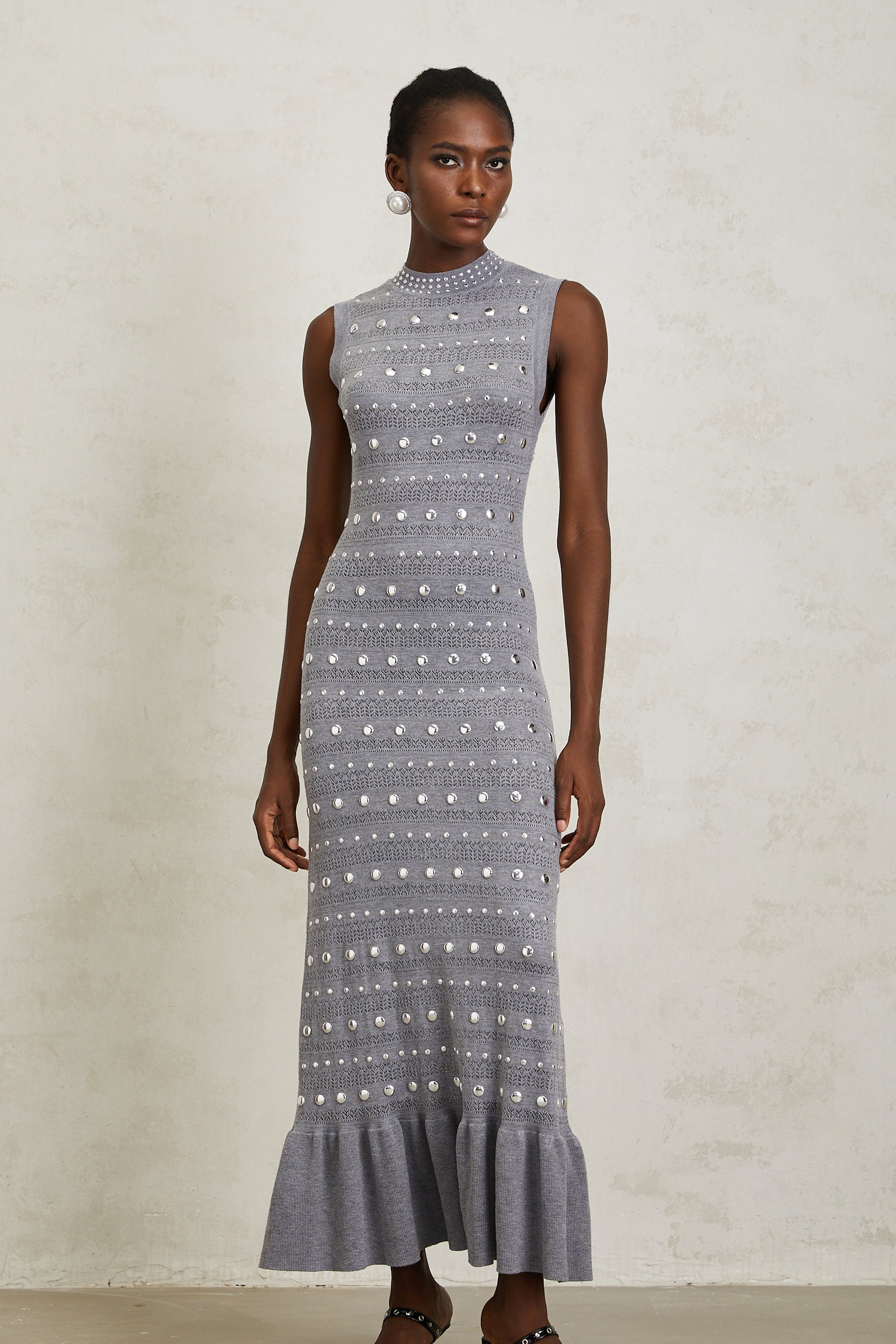 french grey nichelle knit maxi dress Chloé Grey Studded Crochet Knit Maxi Dress, M / Grey