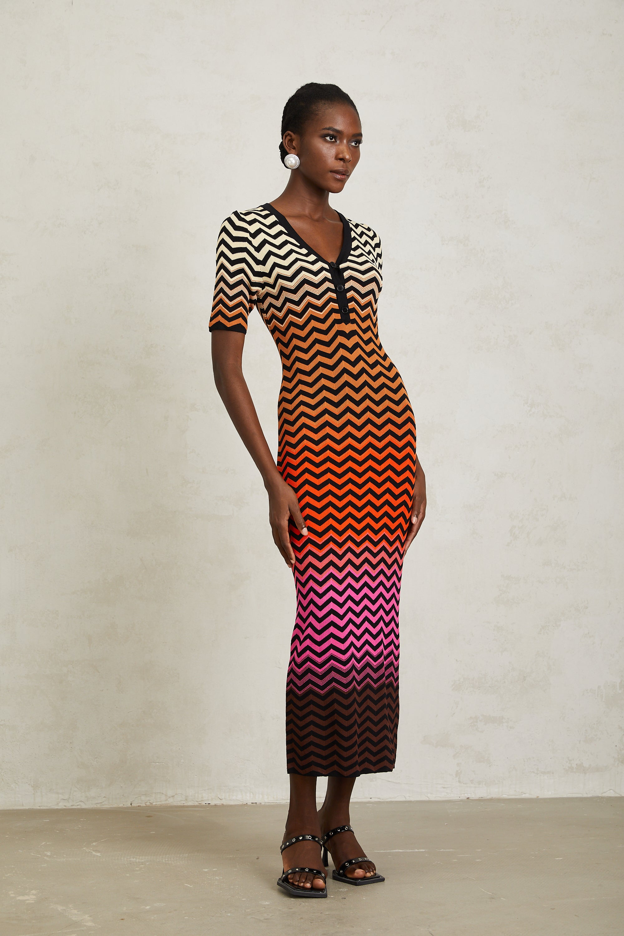 Charitina Brown Gradient Zigzag Knit Midi Dress