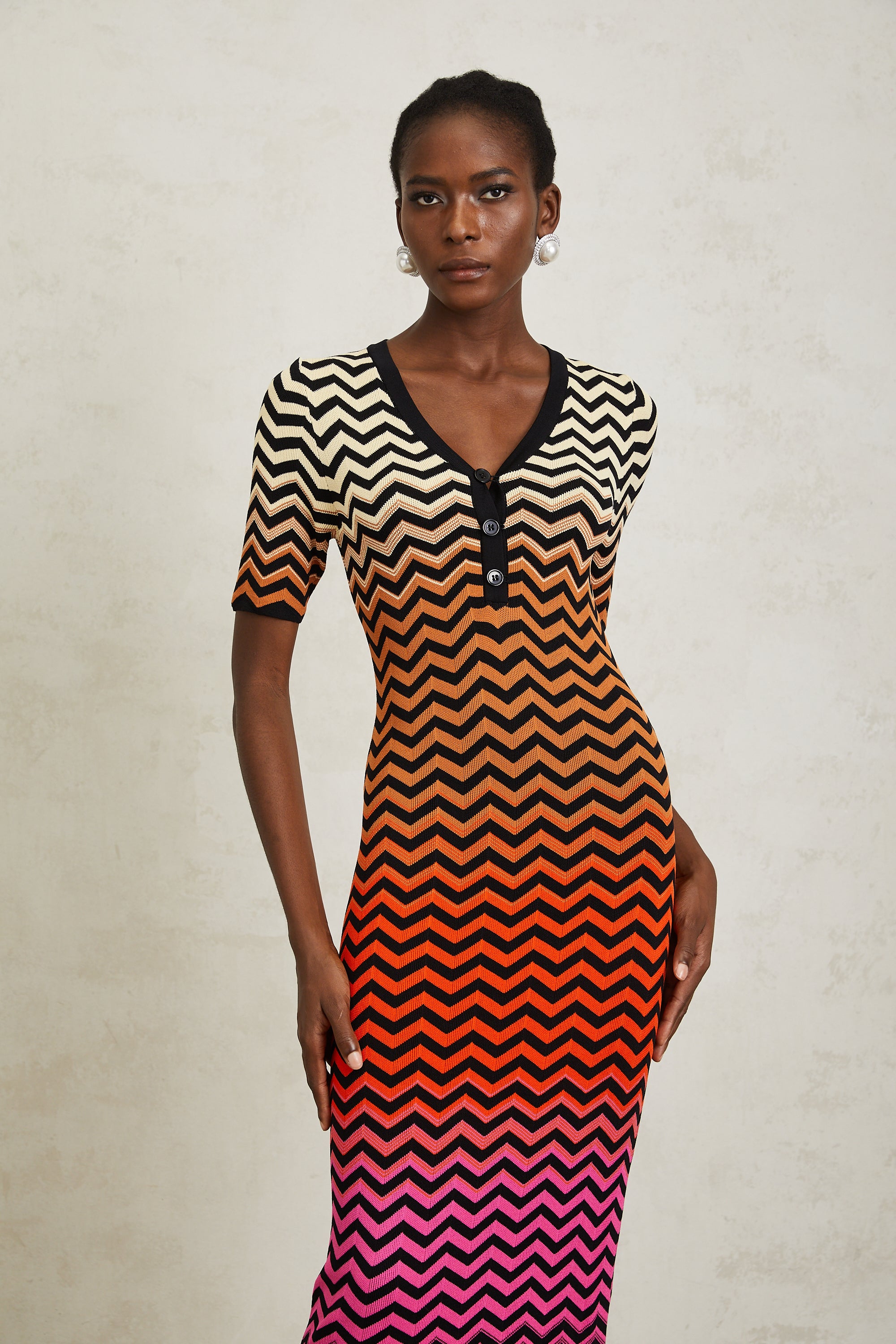 Charitina Brown Gradient Zigzag Knit Midi Dress