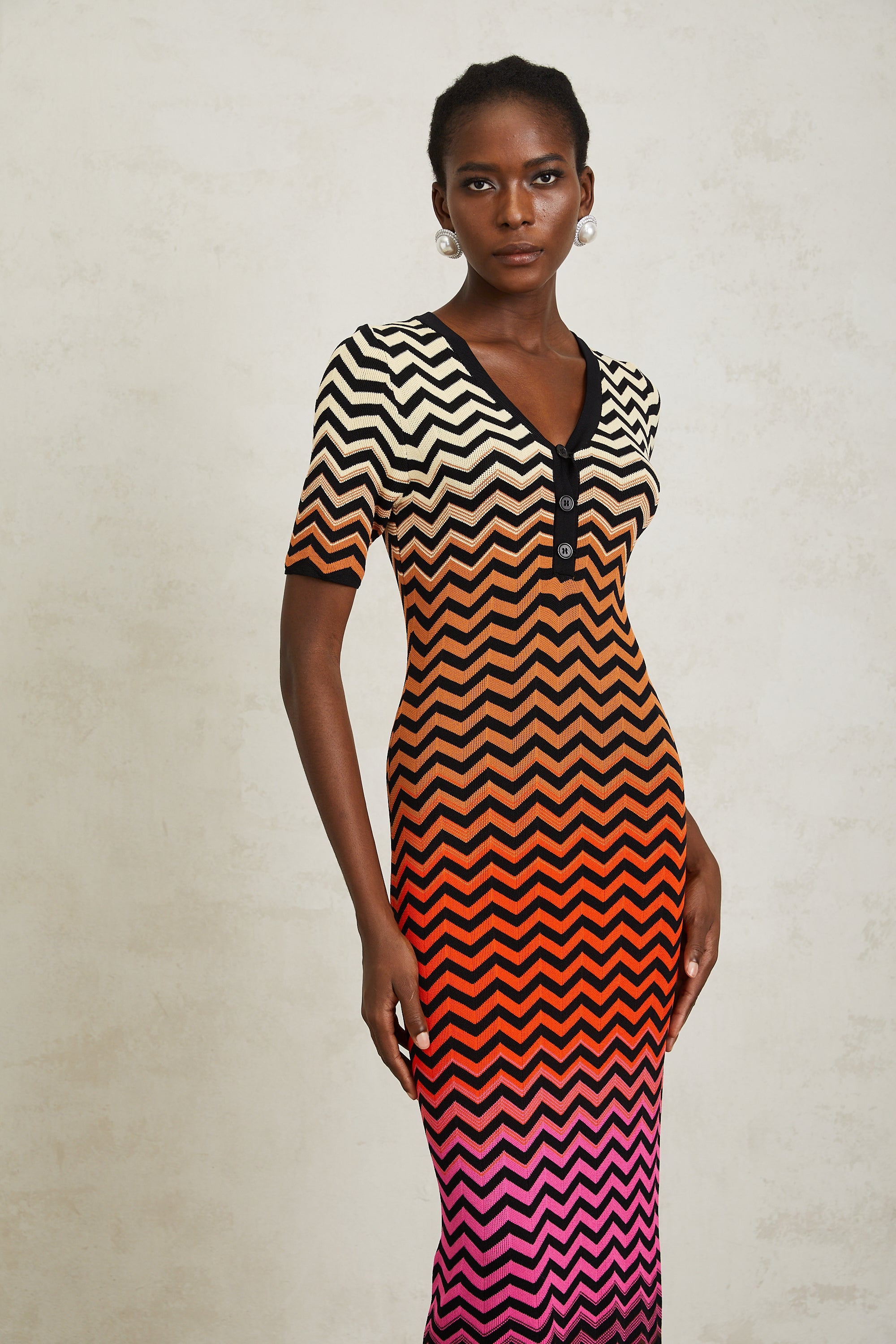 Charitina Brown Gradient Zigzag Knit Midi Dress