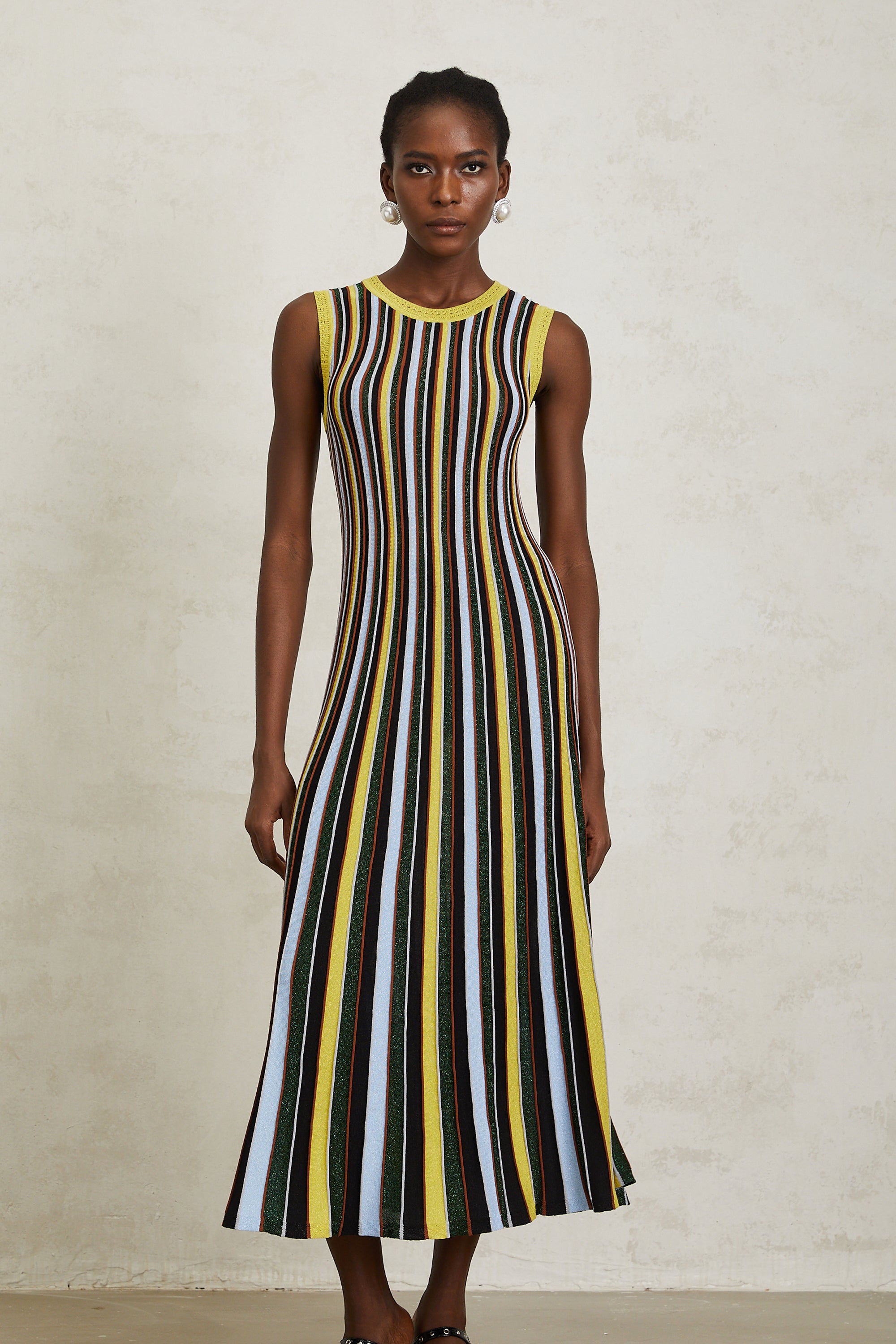 Clémence Yellow Vertical Striped Knit Midi Dress