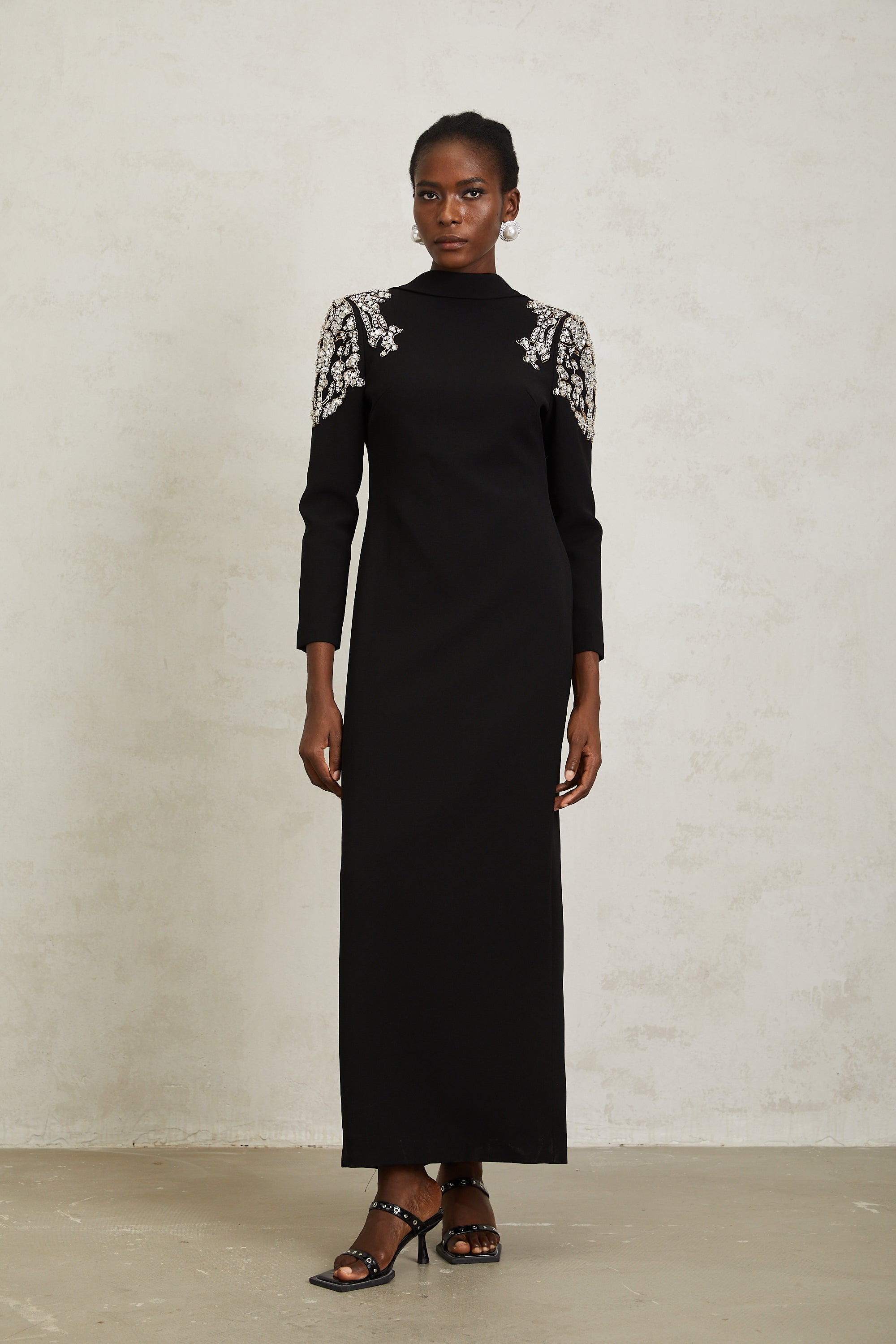 Lidia Black Open Back Embellished Maxi Dress