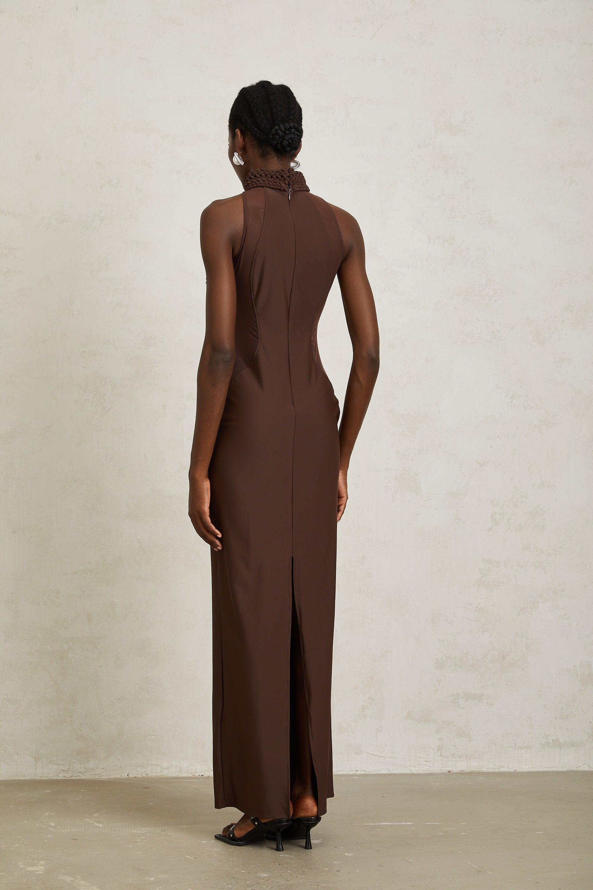 Gabriela Brown Halterneck Braid Detail Maxi Dress