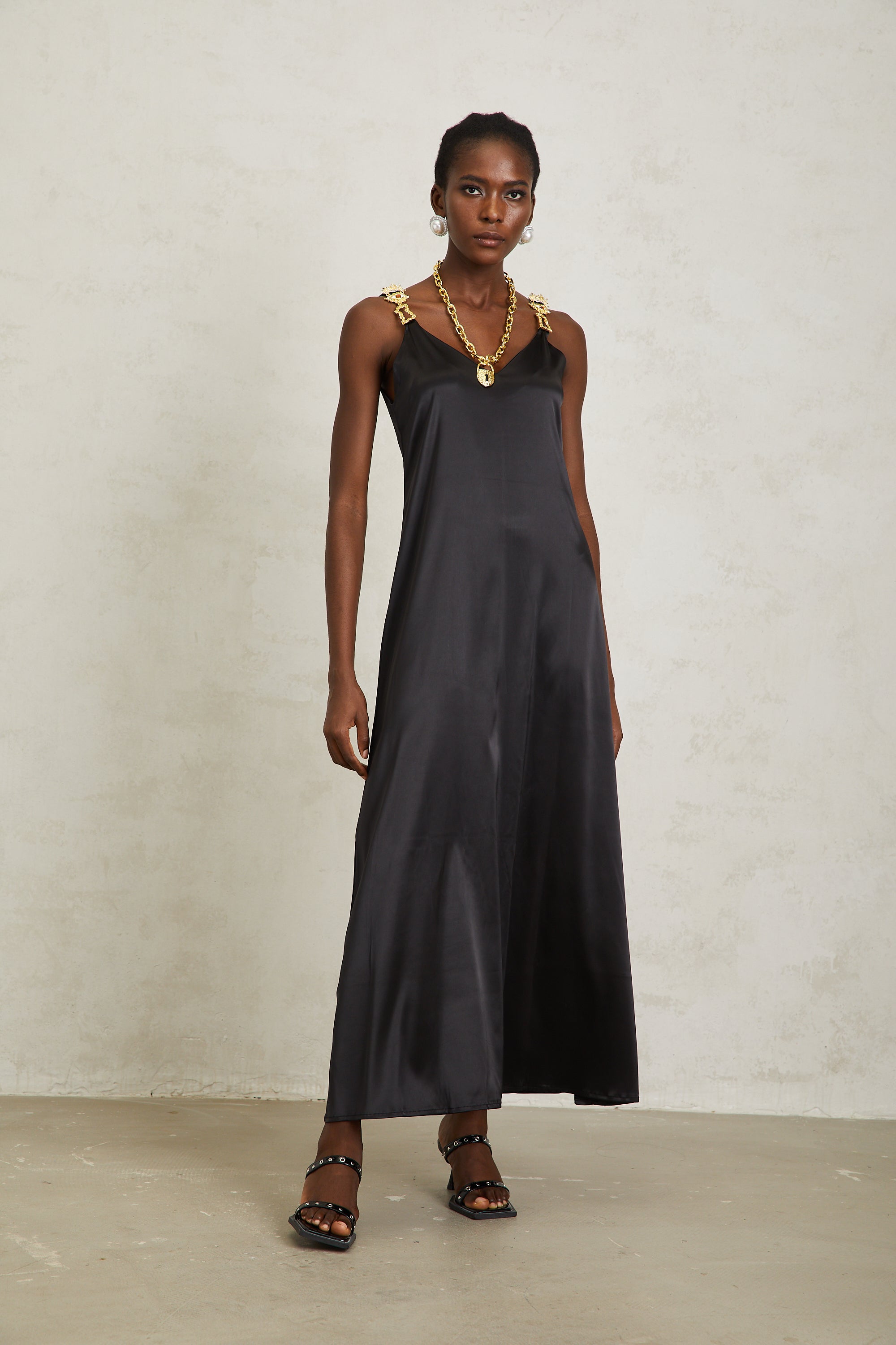 Ysandre Black Chain Detail Satin Midi Dress