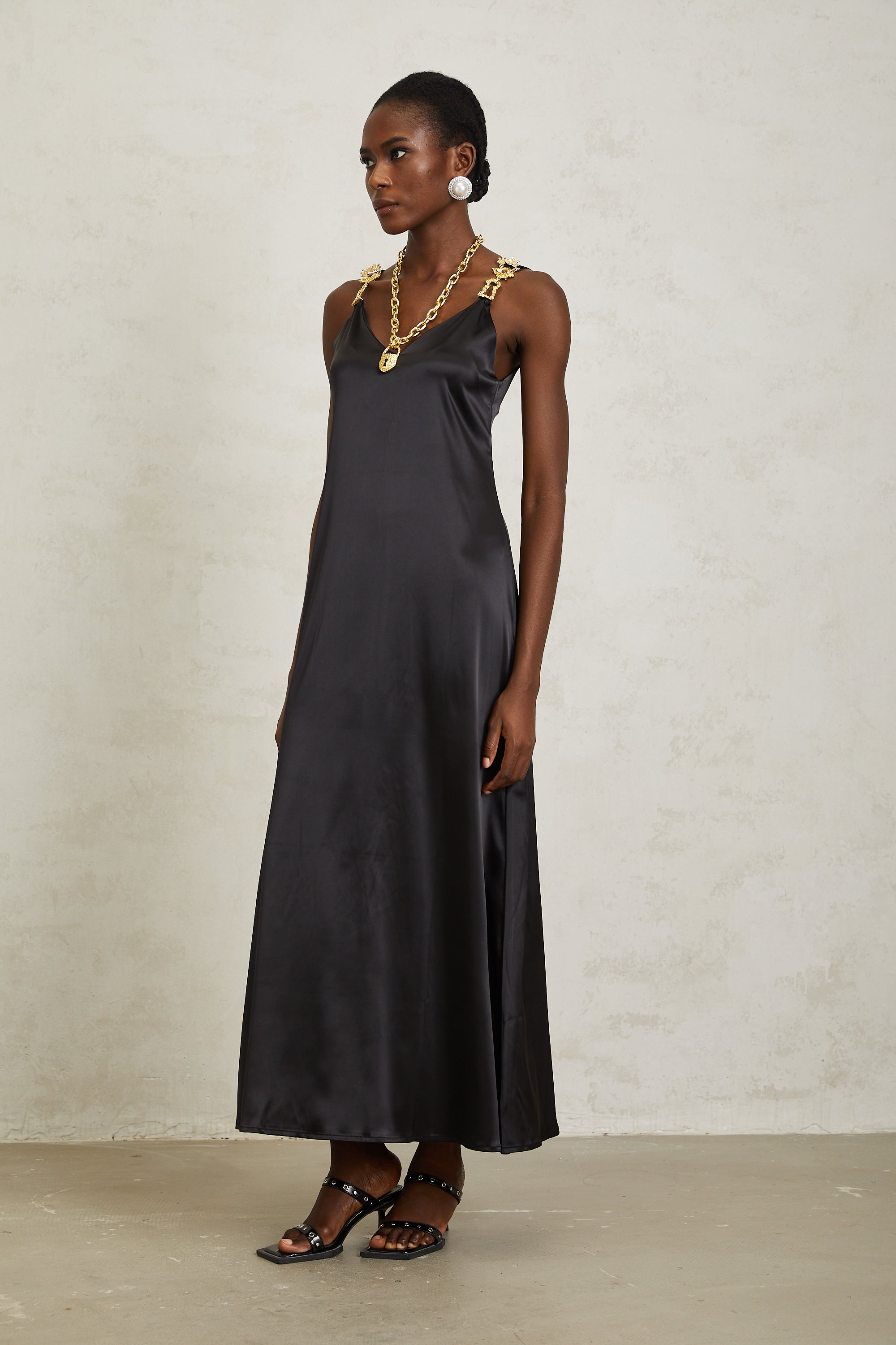 Ysandre Black Chain Detail Satin Midi Dress