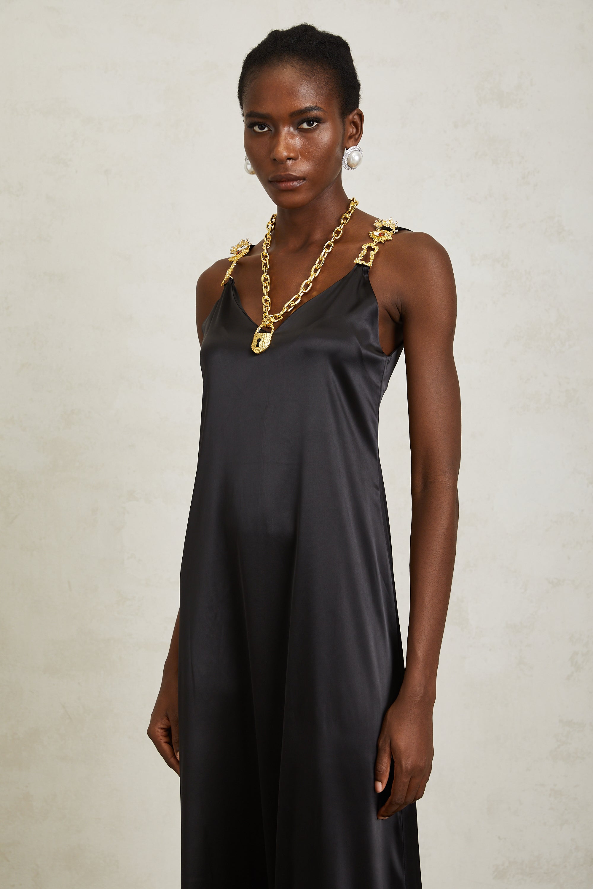 Ysandre Black Chain Detail Satin Midi Dress