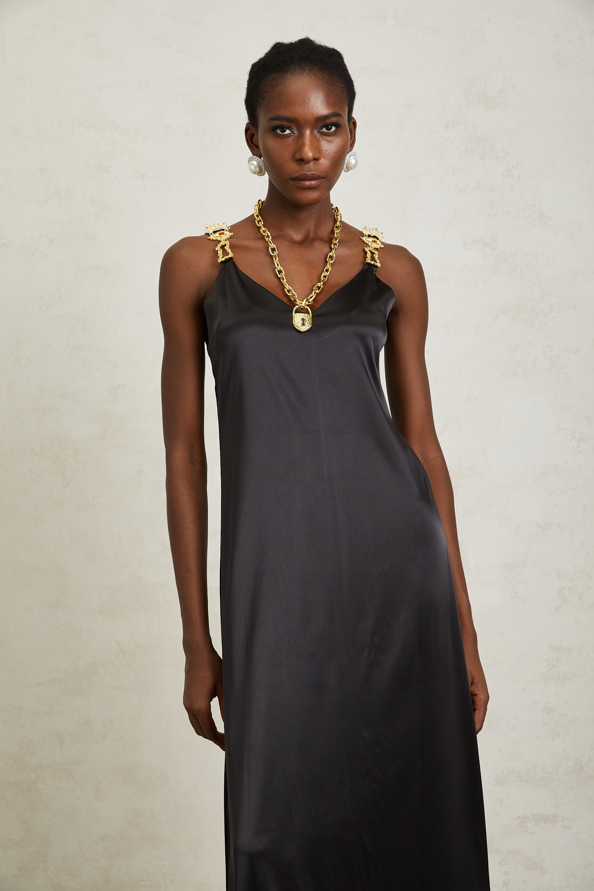 Ysandre Black Chain Detail Satin Midi Dress