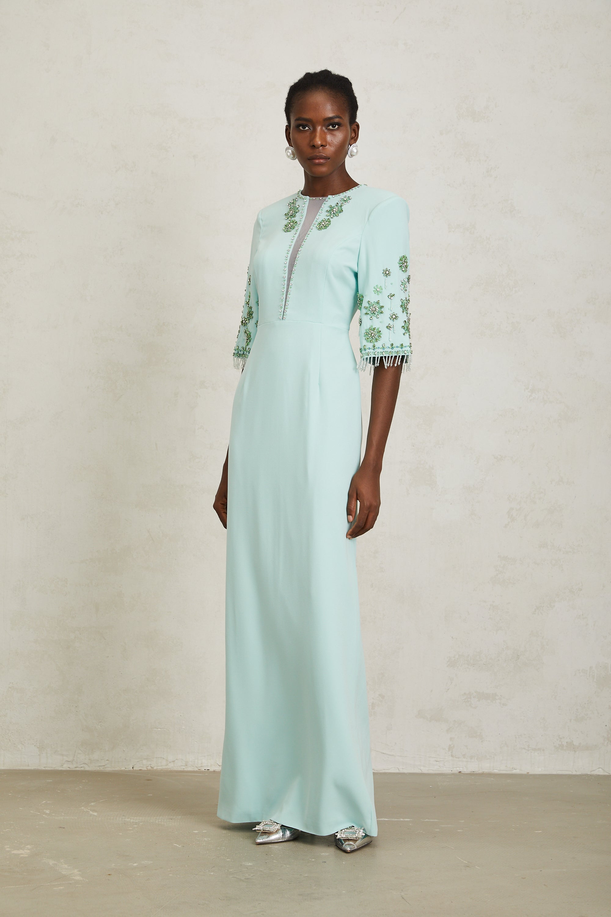 Manuela Mint Green Crystal Embellished Maxi Dress