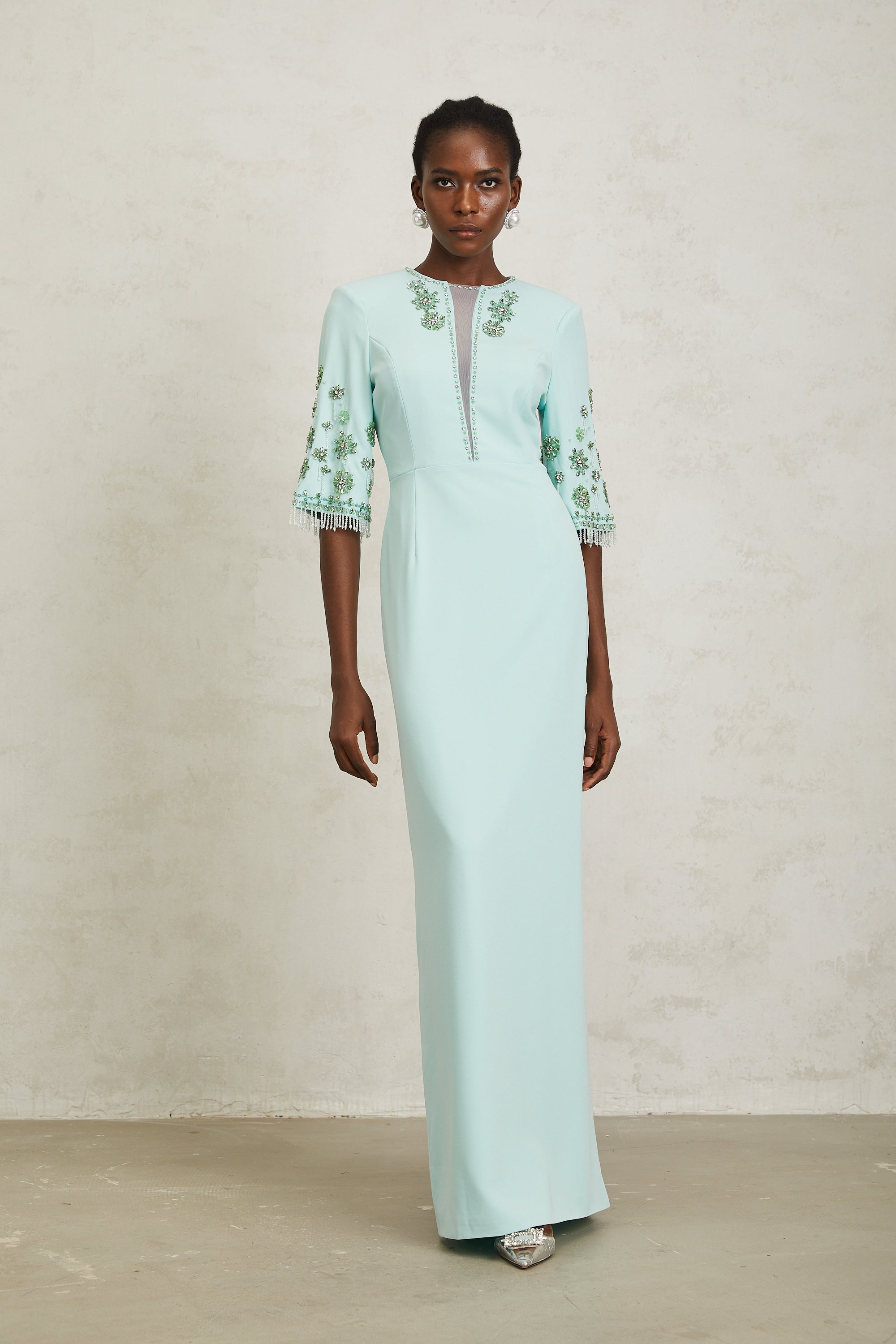 Manuela Mint Green Crystal Embellished Maxi Dress