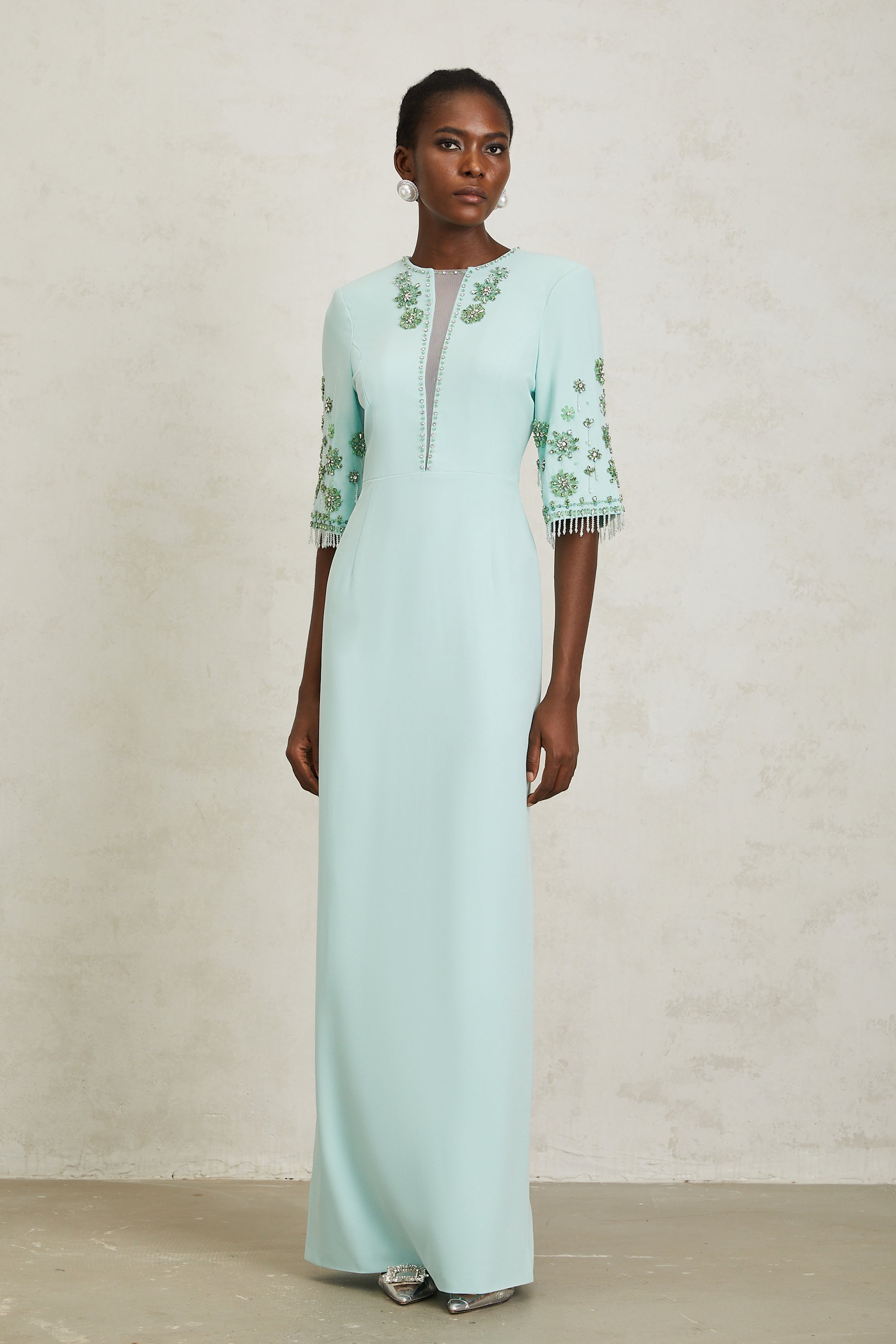 Manuela Mint Green Crystal Embellished Maxi Dress