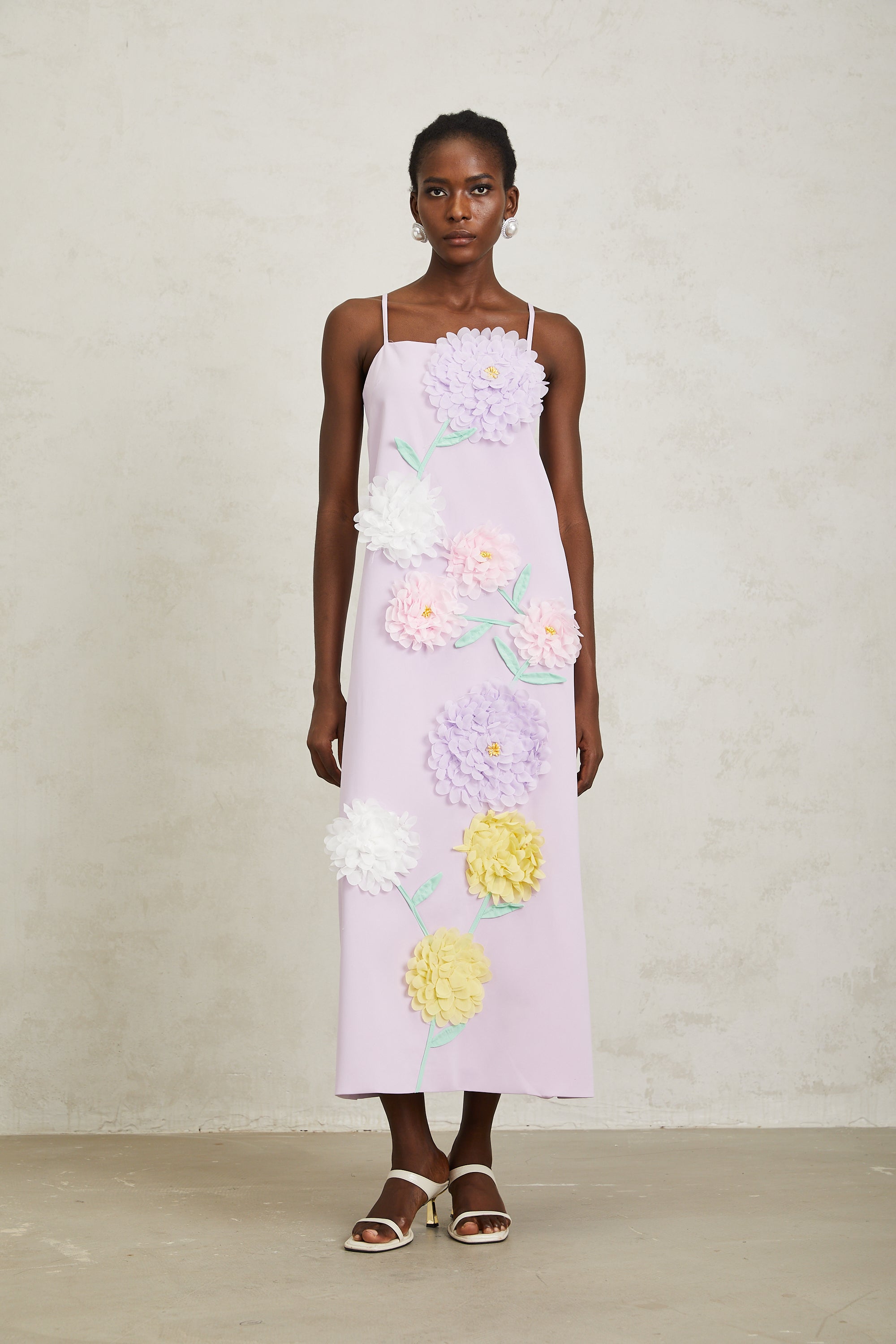 Véronique Purple 3D Petal Sleeveless Midi Dress