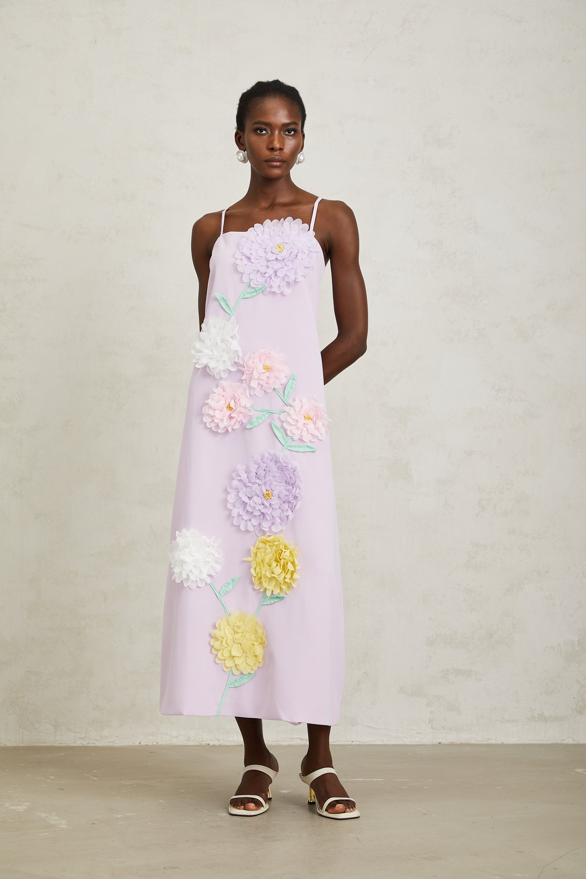 Véronique Purple 3D Petal Sleeveless Midi Dress