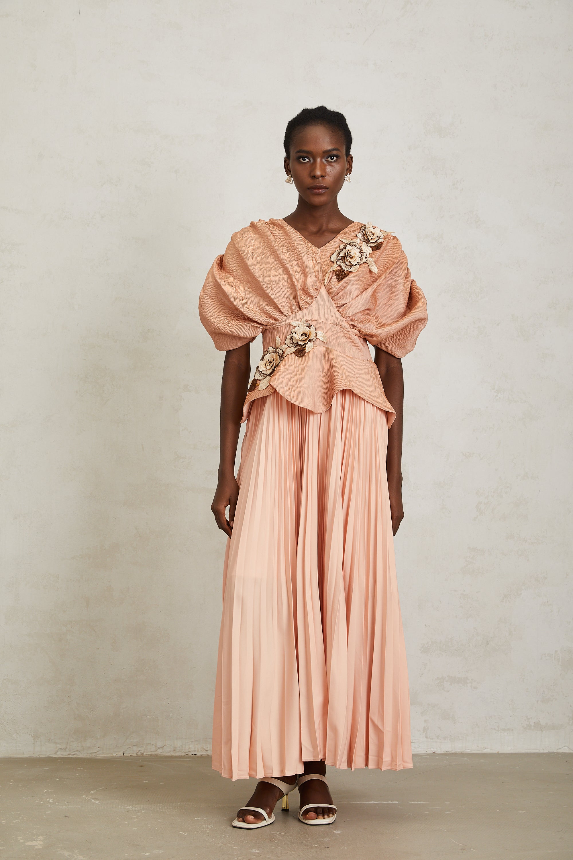 Camille Pink Floral Appliqué Pleated Maxi Dress (Final Sale-US Only)