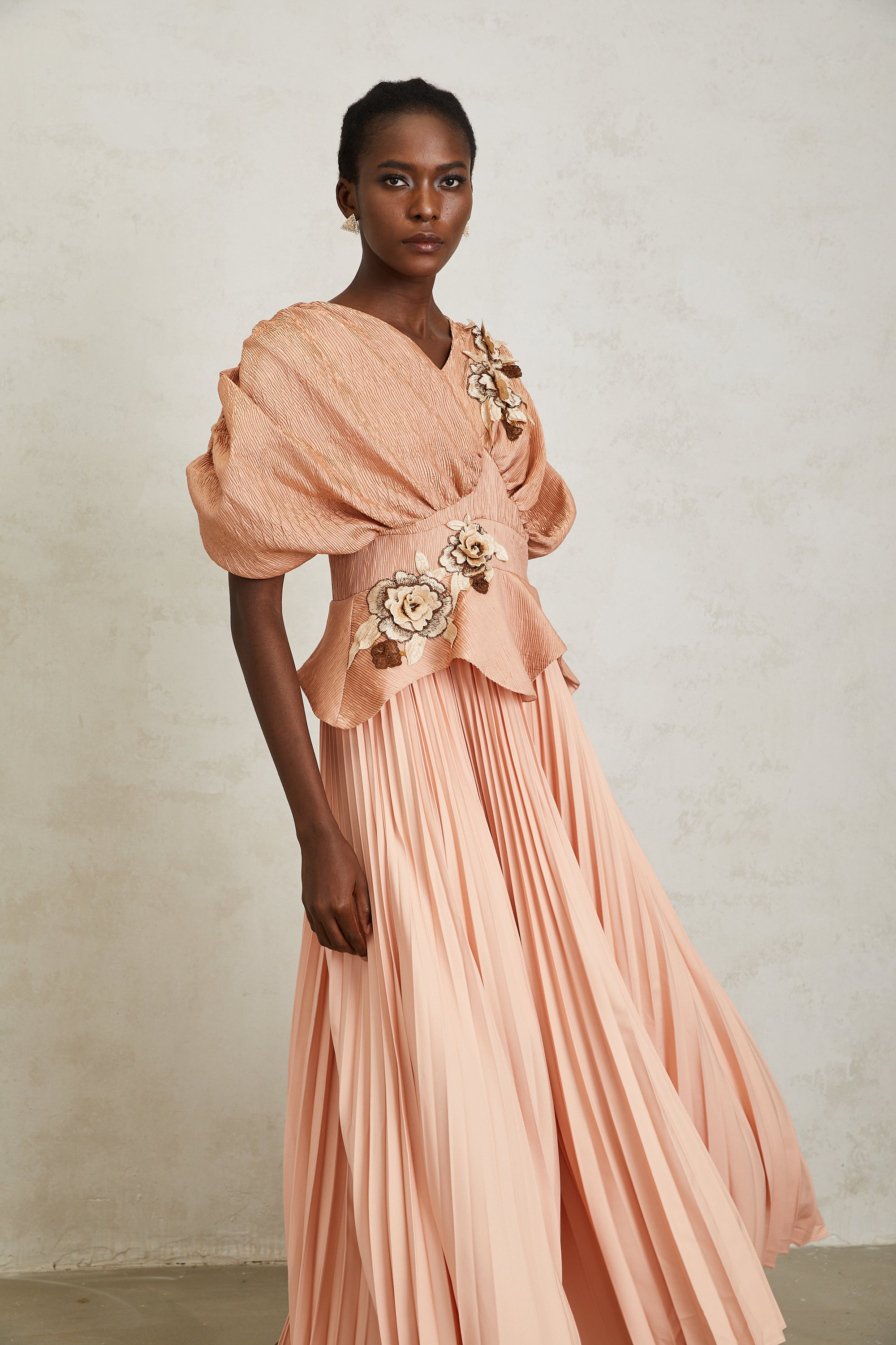 Camille Pink Floral Appliqué Pleated Maxi Dress