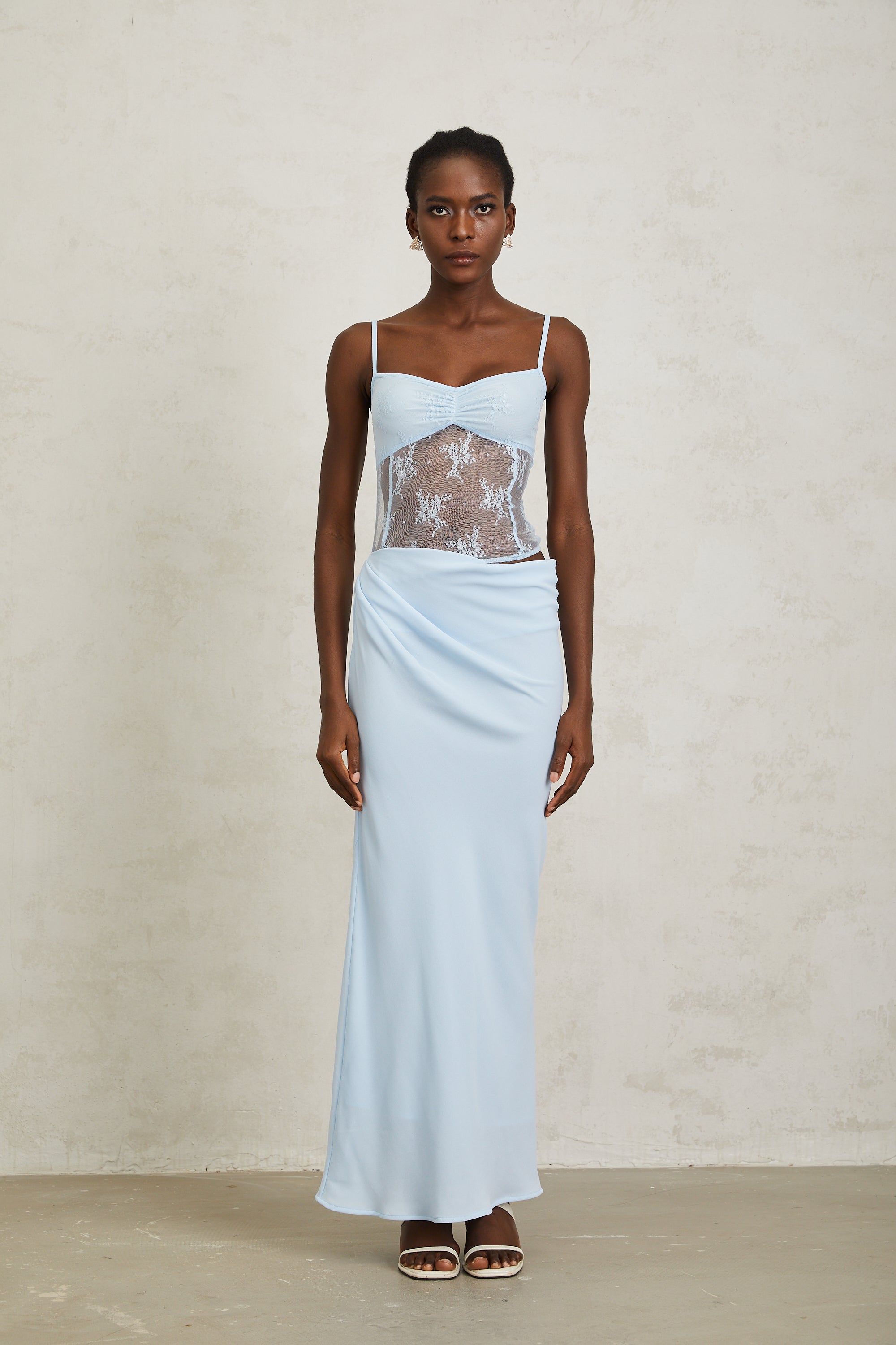 Maëlys Blue Floral Lace Panel Bustier Maxi Dress