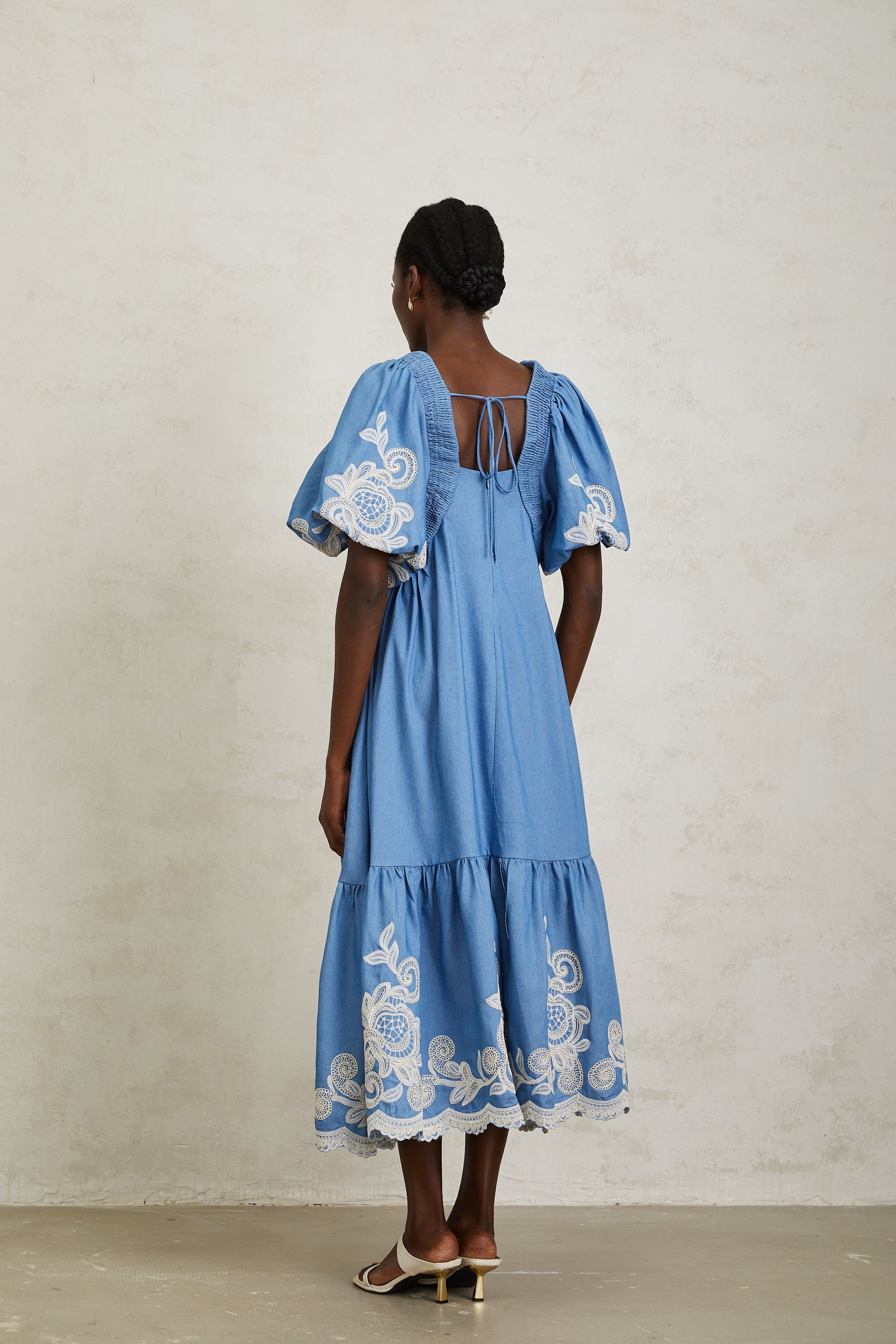 Héloïse Blue Floral Embroidered Shirred Midi Dress