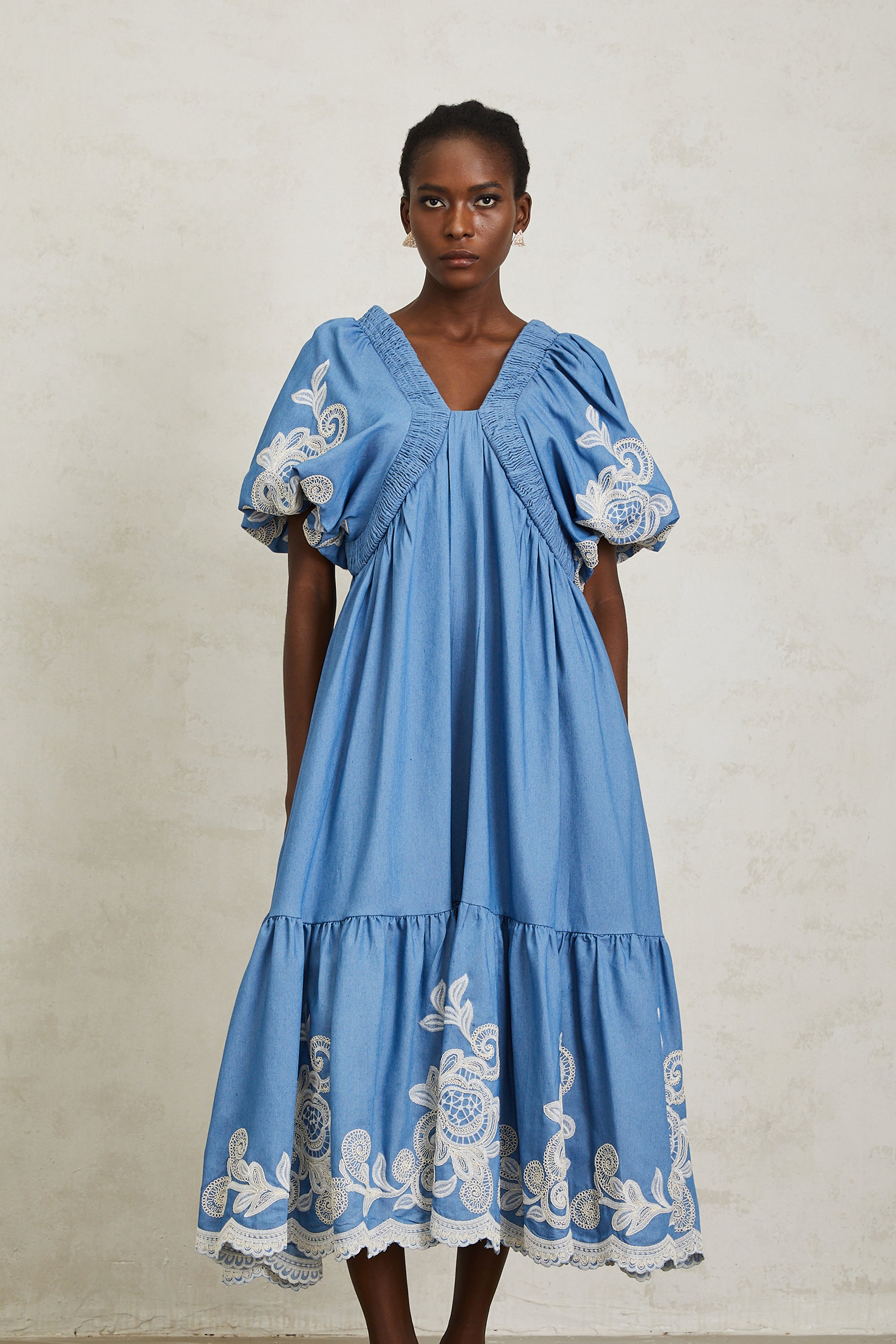 Héloïse Blue Floral Embroidered Shirred Midi Dress