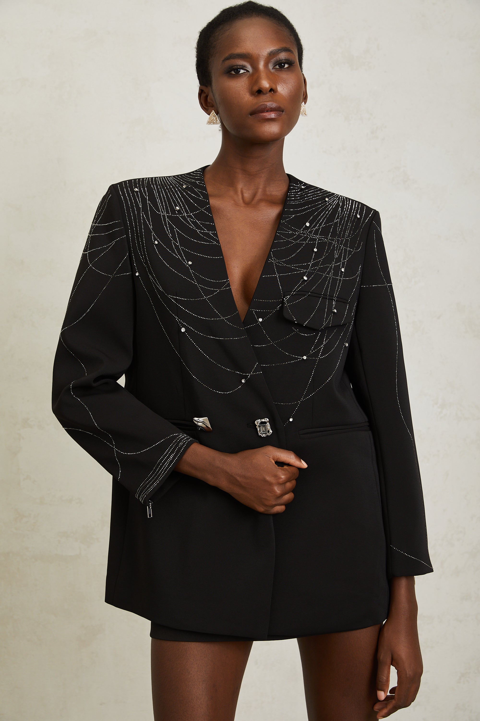 Nolwenn Schwarzer Blazer mit Webmuster und Strasssteinen