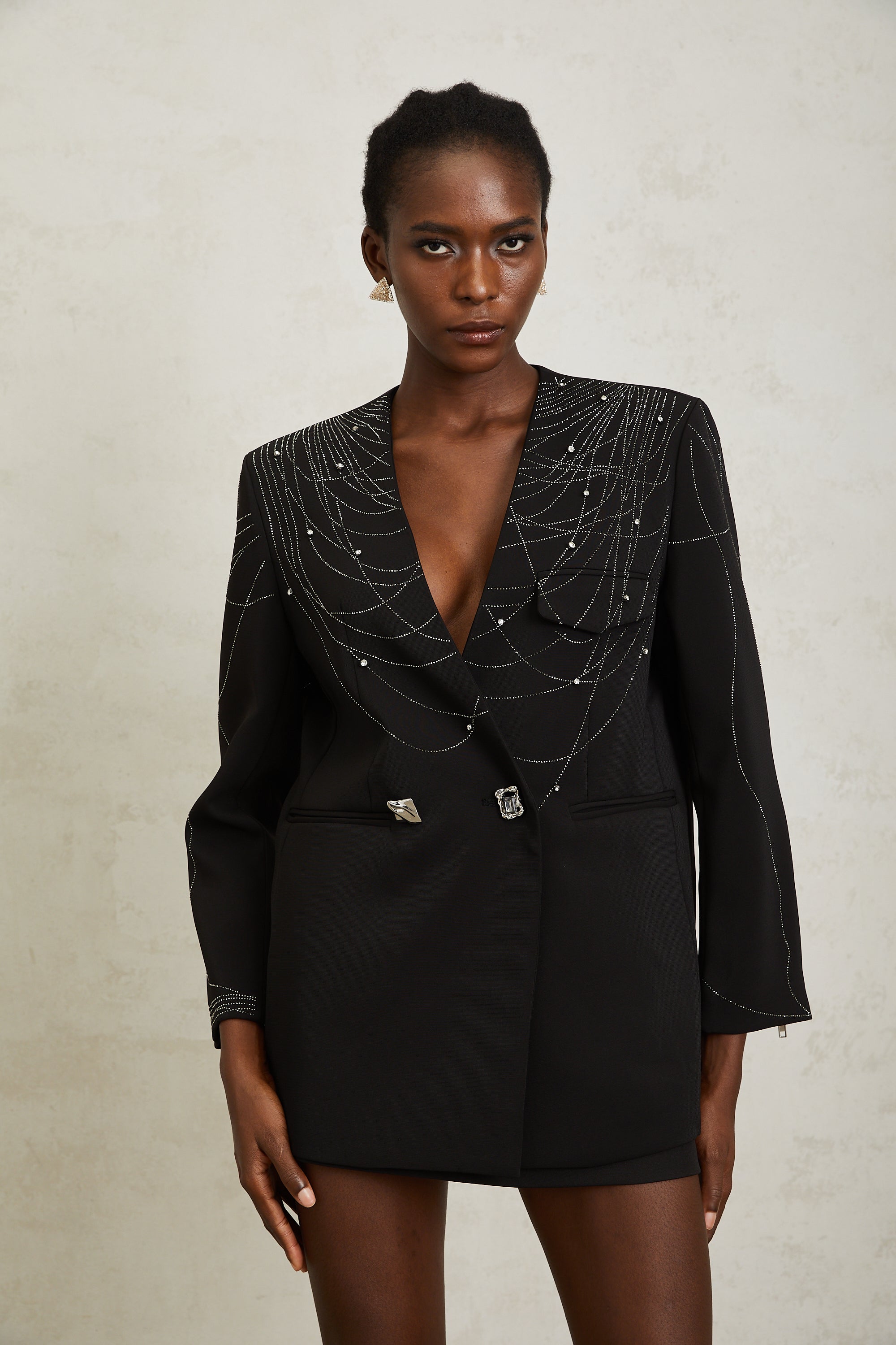 Nolwenn Schwarzer Blazer mit Webmuster und Strasssteinen