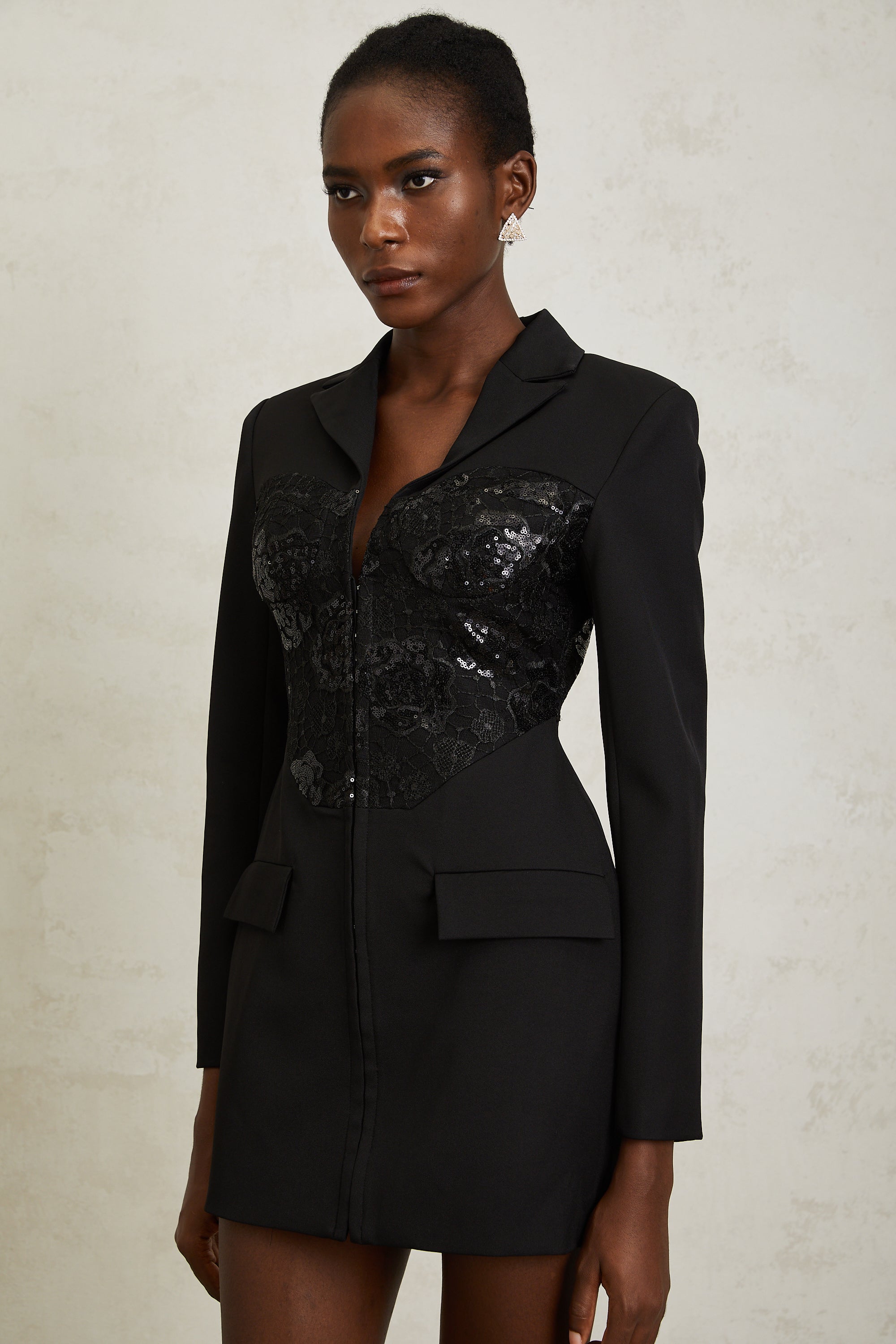 Jacinta Black Lace Panel Mini Blazer Dress