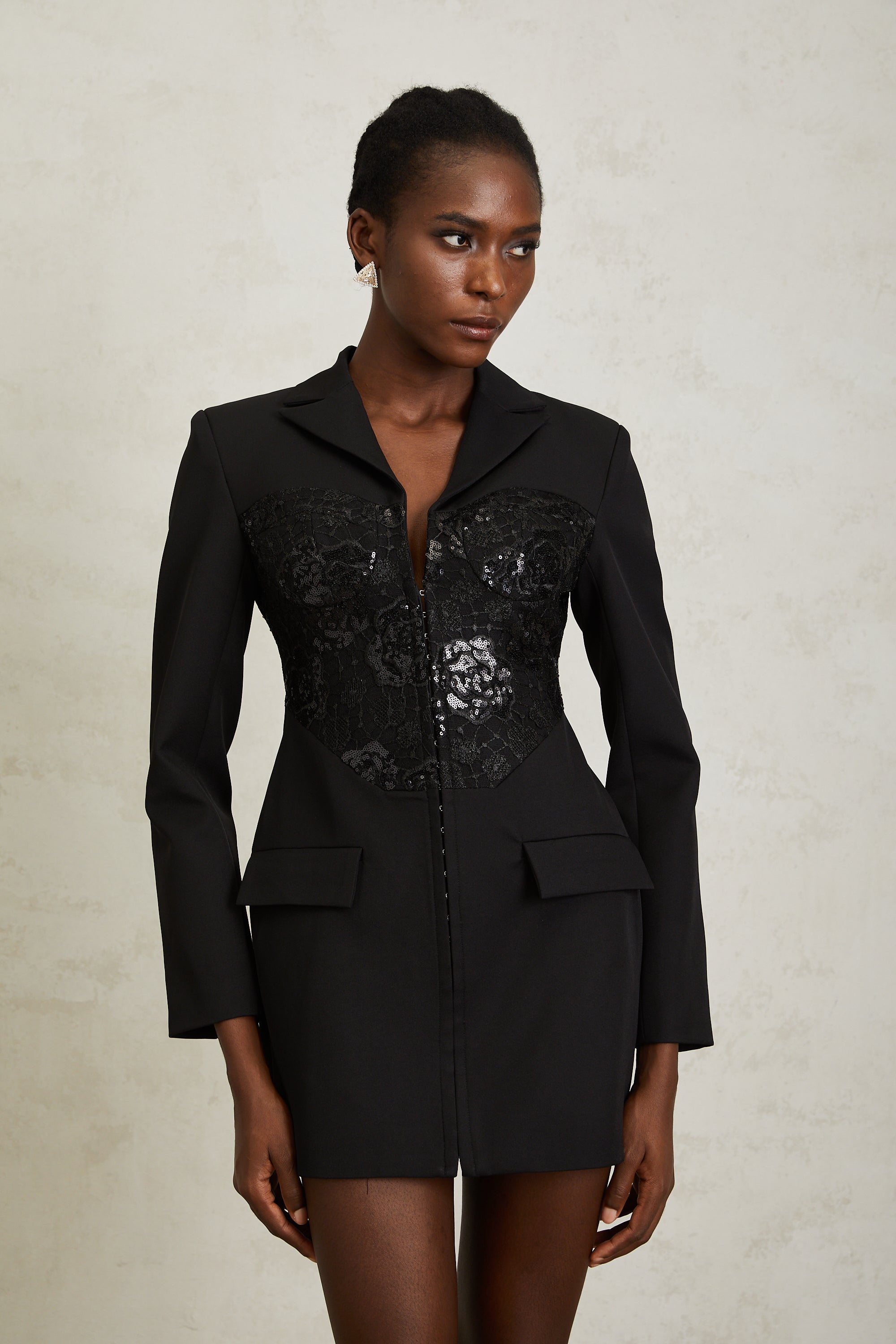 Jacinta Black Lace Panel Mini Blazer Dress