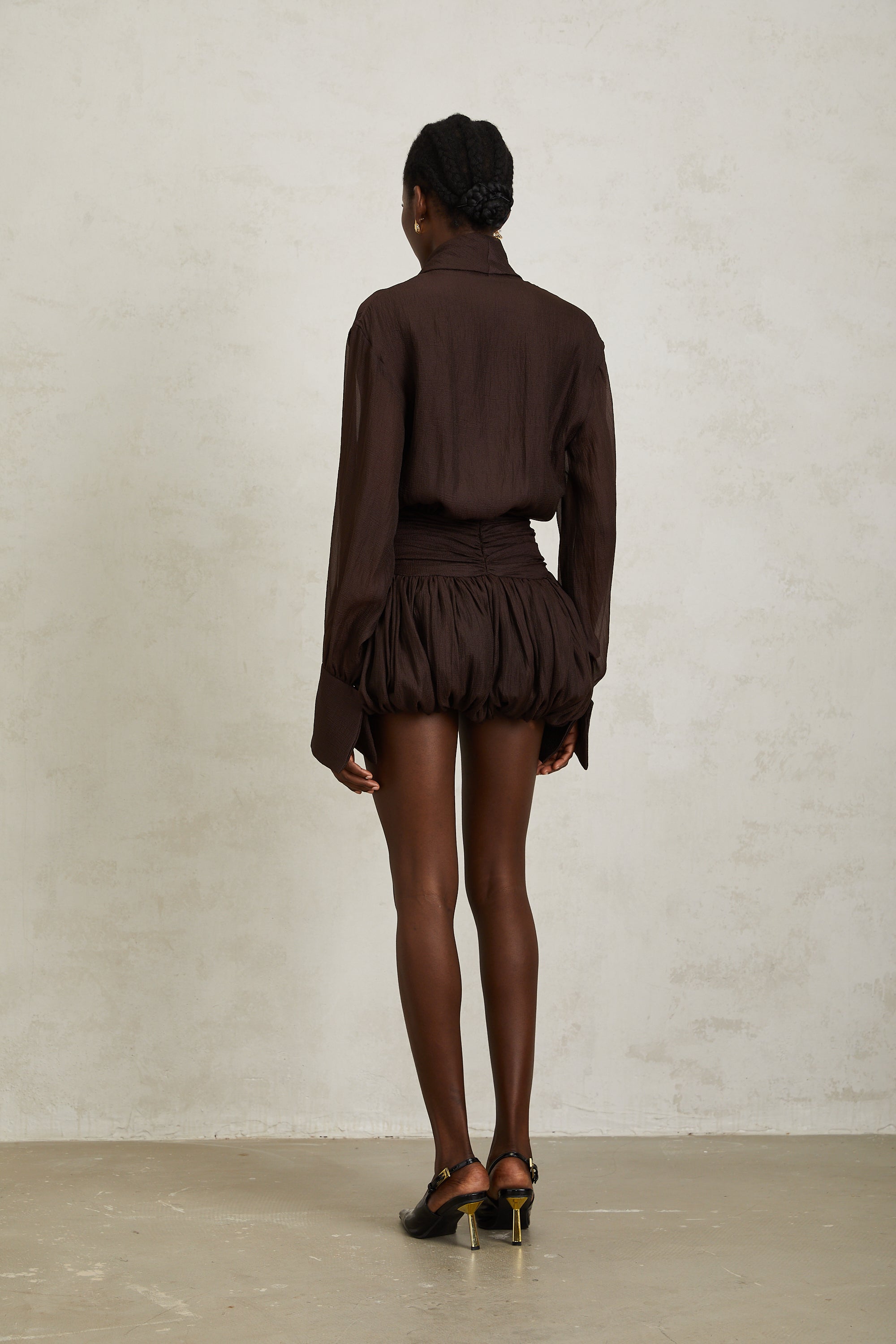 Isabella Brown Ribbon Tie Neck Mini Dress