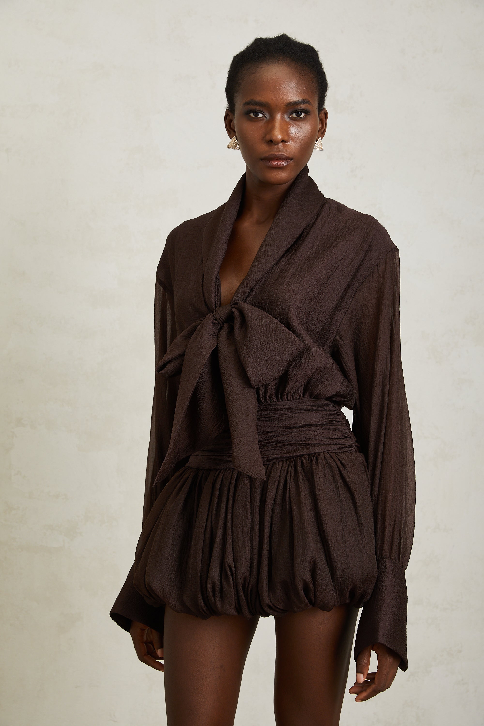 Isabella Brown Ribbon Tie Neck Mini Dress