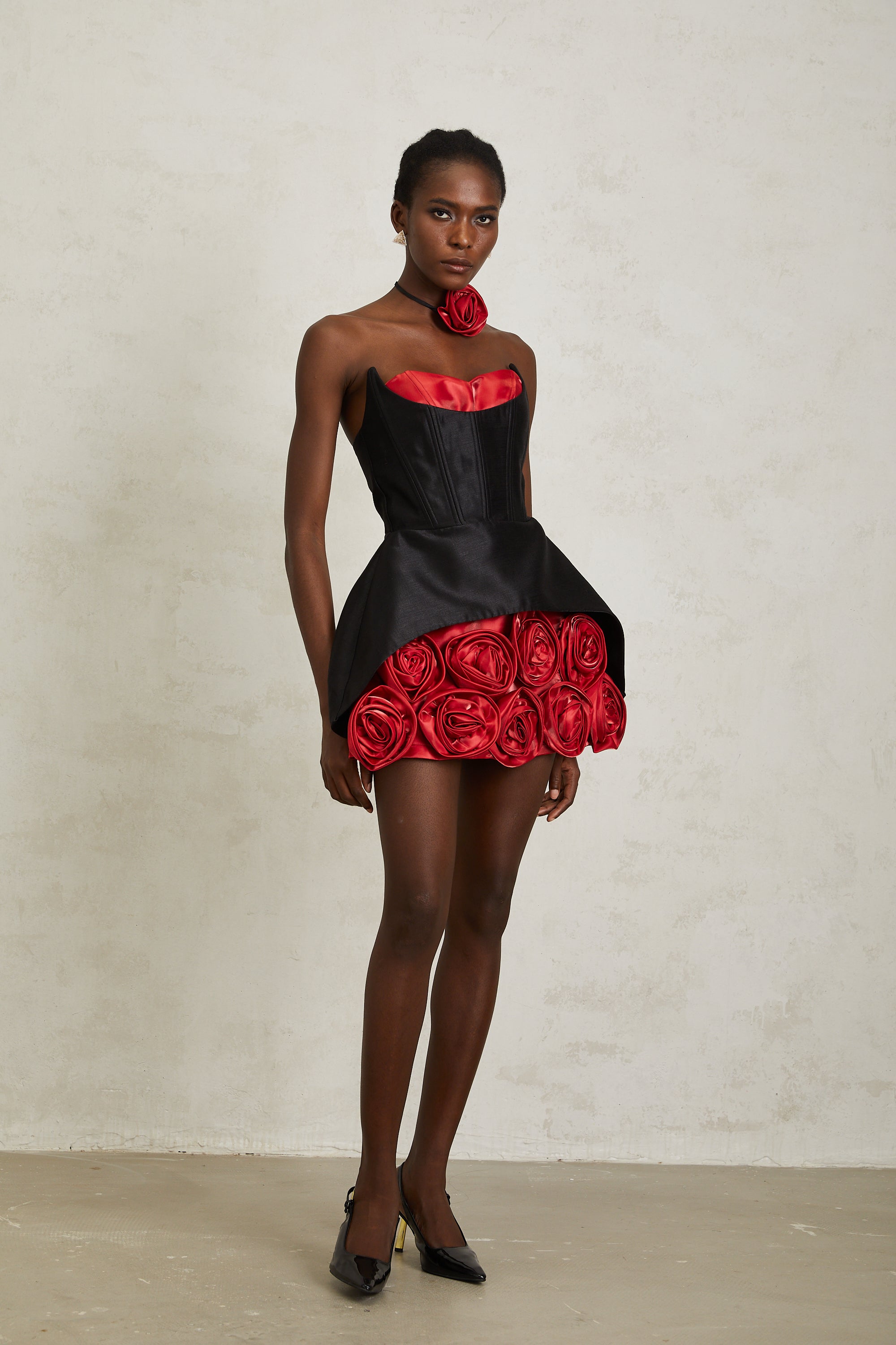 Joaquina Black Rose Appliqué Corset Mini Dress