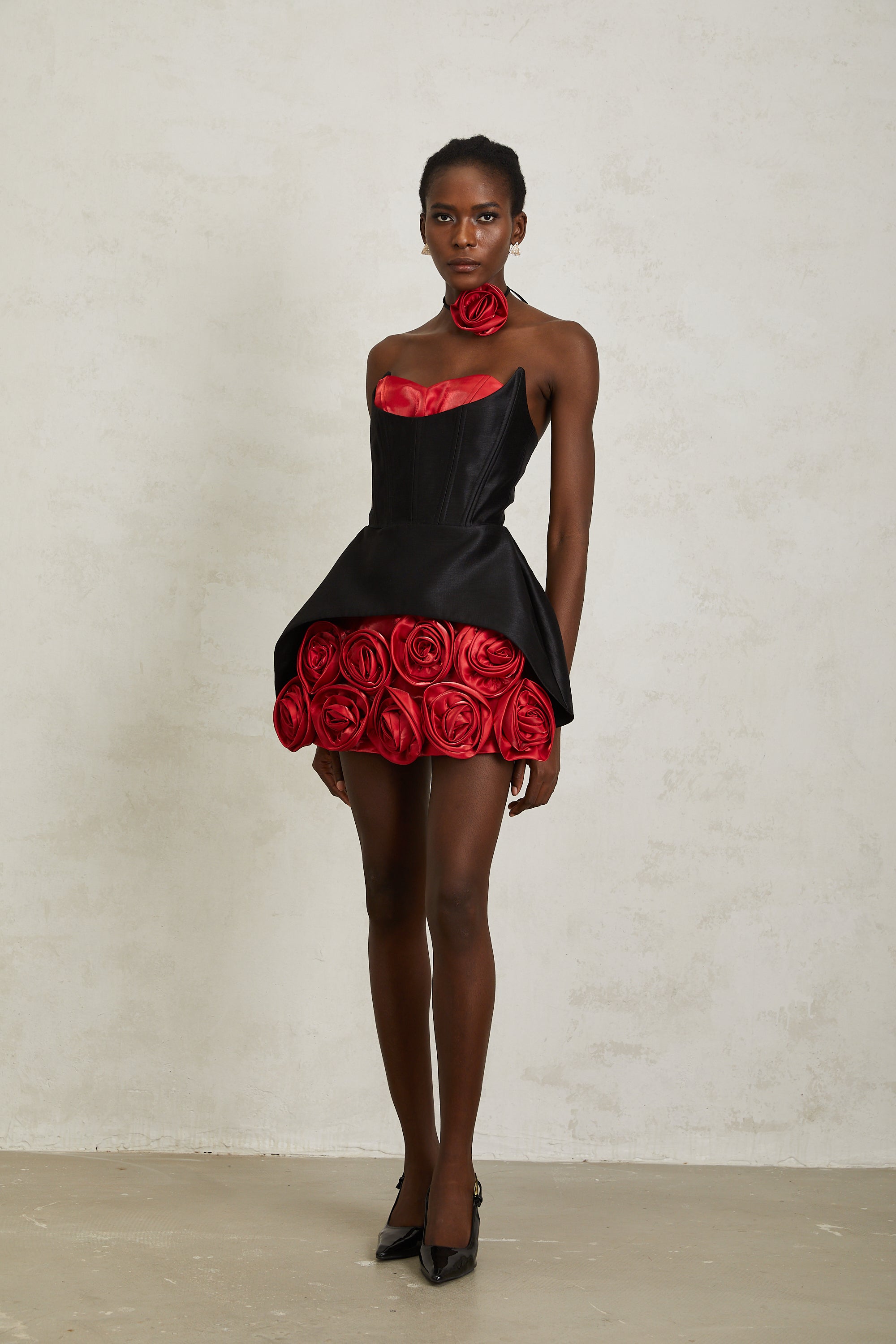 Joaquina Black Rose Appliqué Corset Mini Dress
