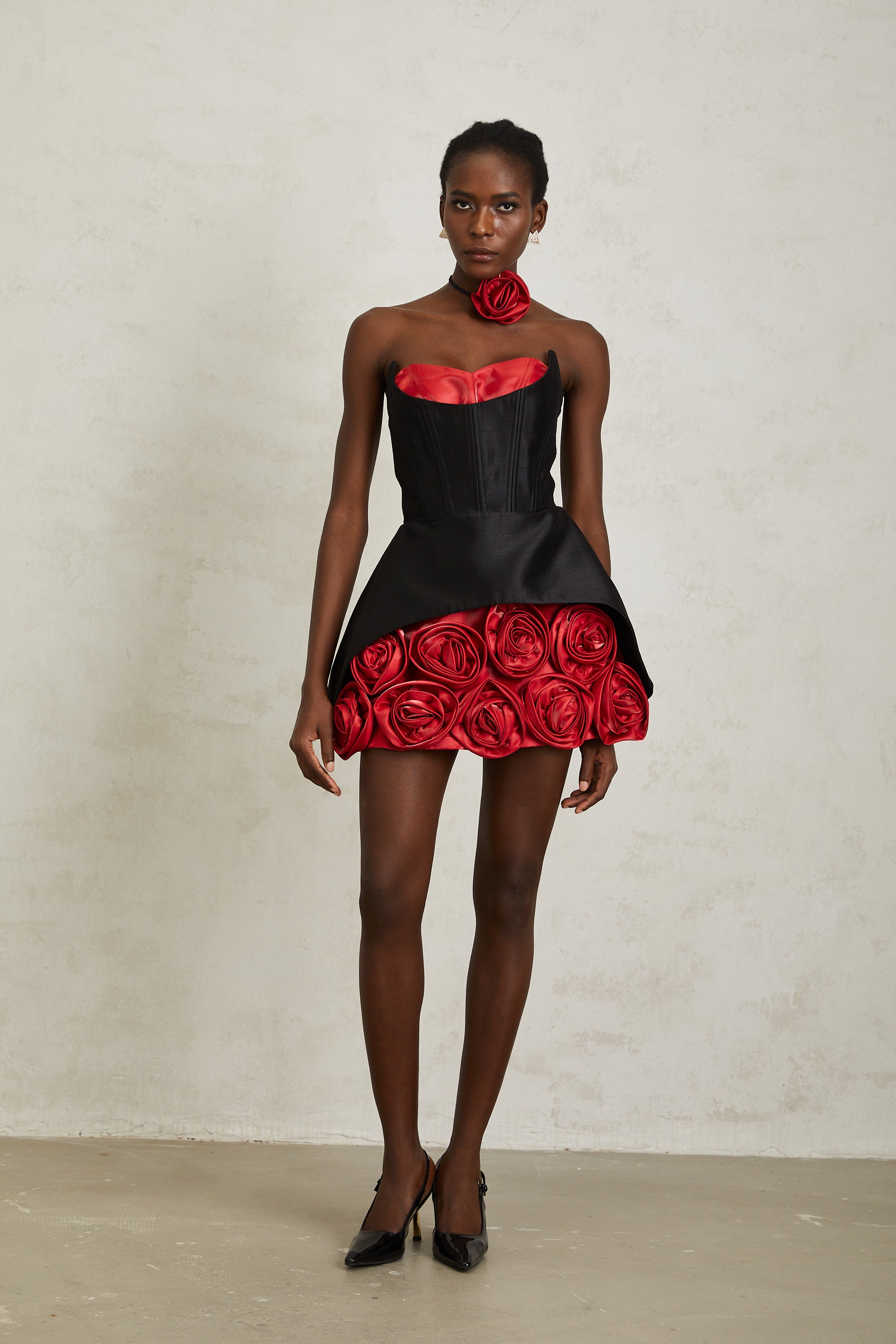 Joaquina Black Rose Appliqué Corset Mini Dress