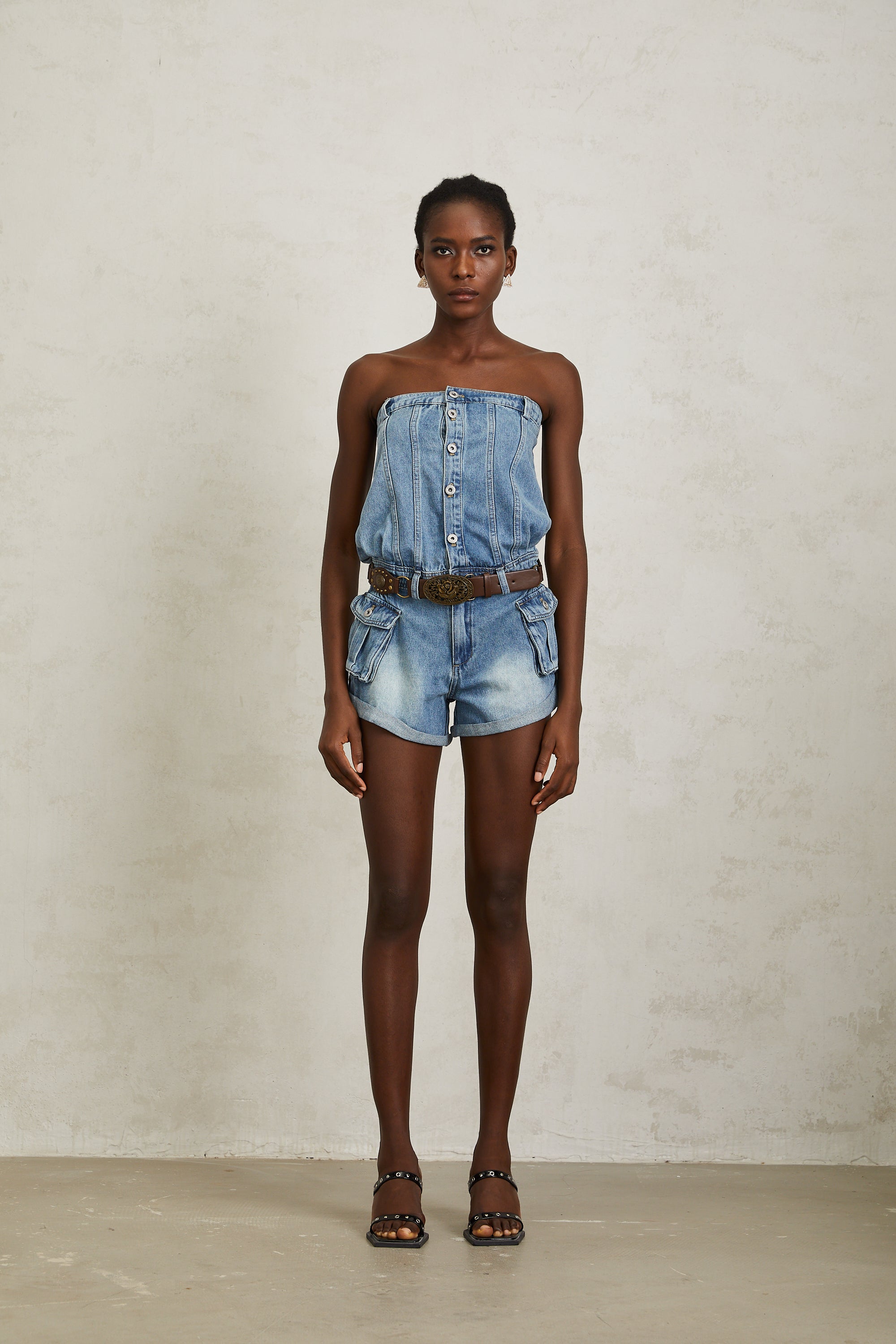 Marta Blue Faded Effect Denim Playsuit
