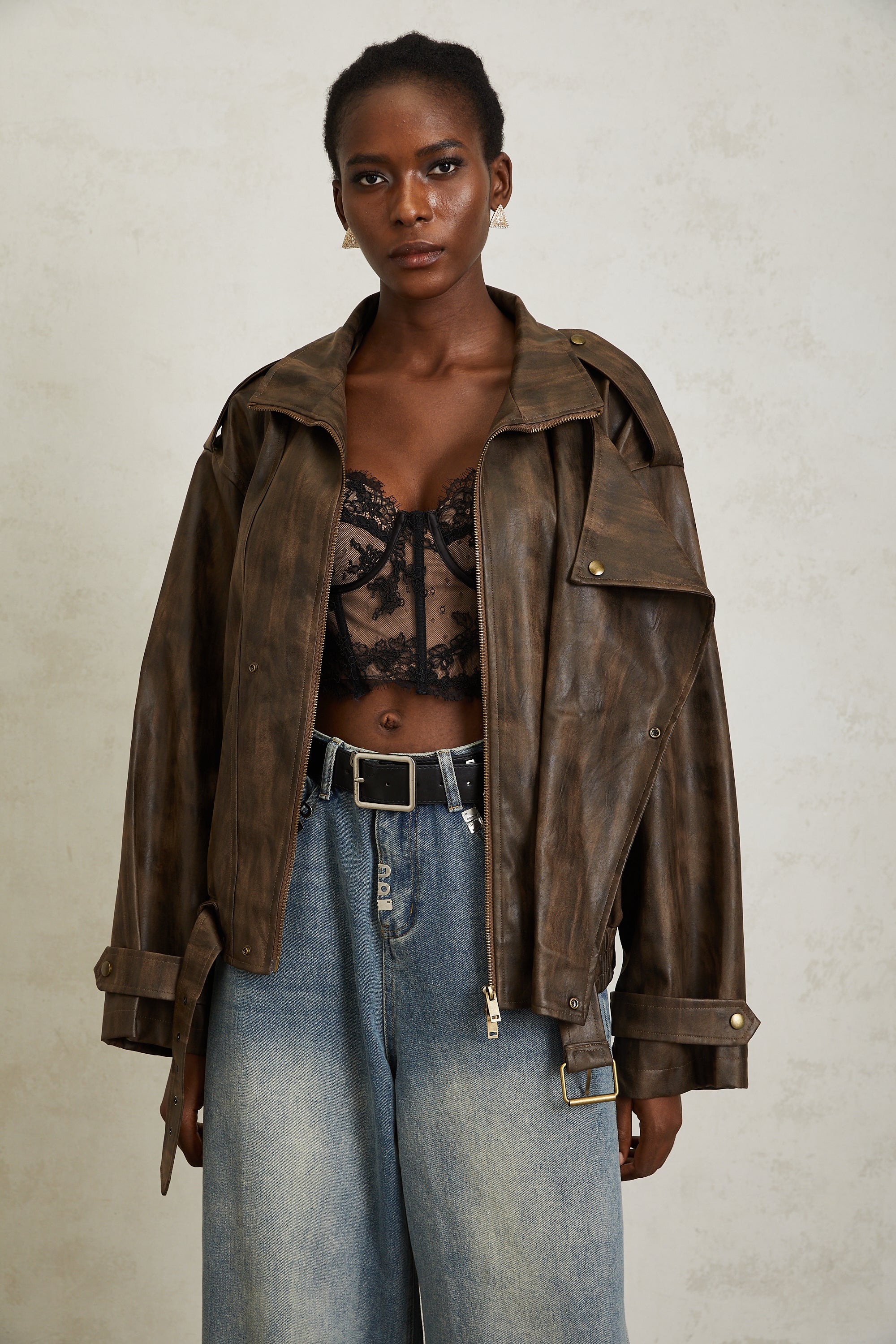 Manon Brown Tie-Dye Leder-Bikerjacke (Endgültiger Verkauf – nur in den USA)