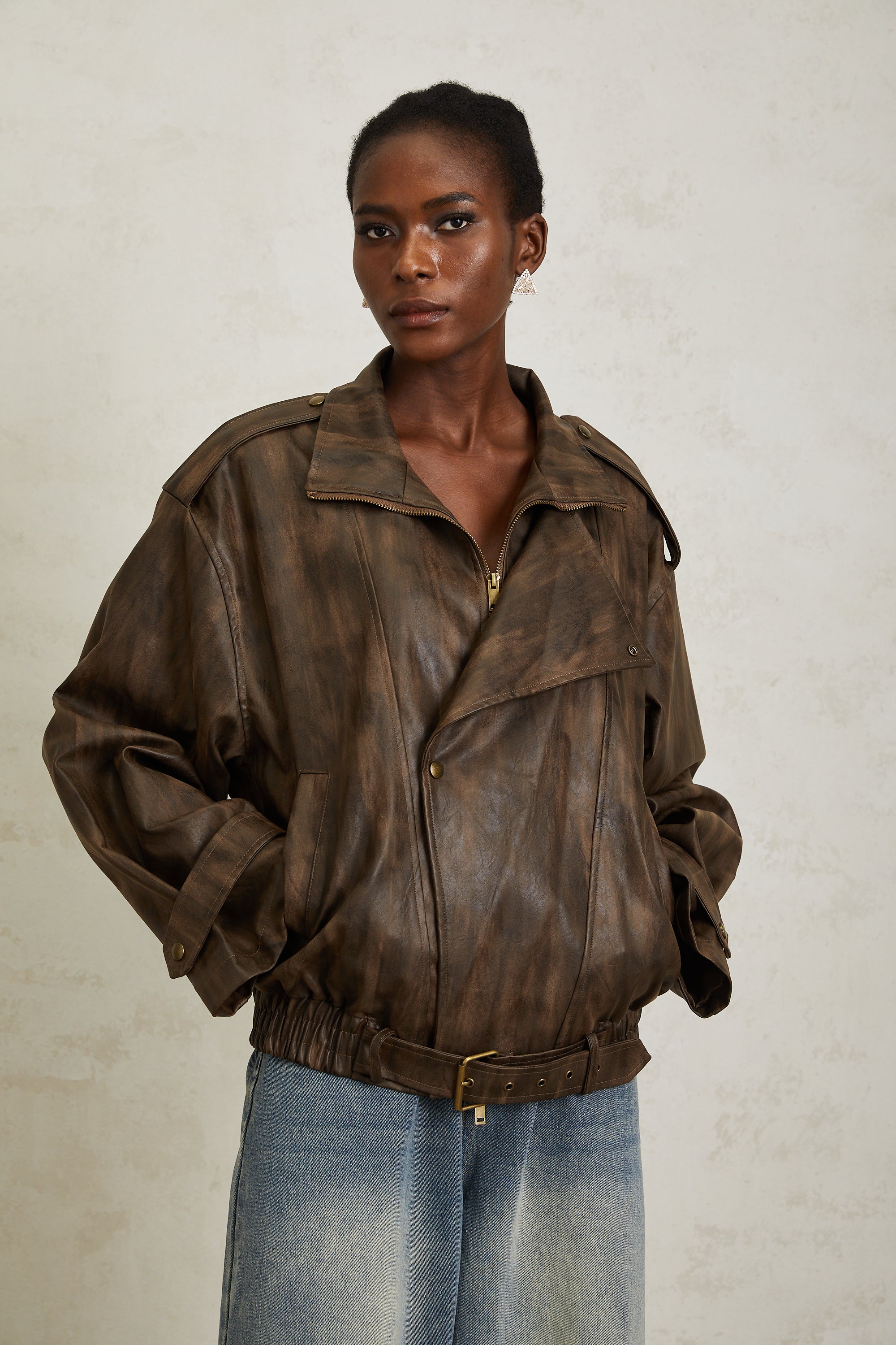 Manon Brown Tie-Dye Leder-Bikerjacke (Endgültiger Verkauf – nur in den USA)