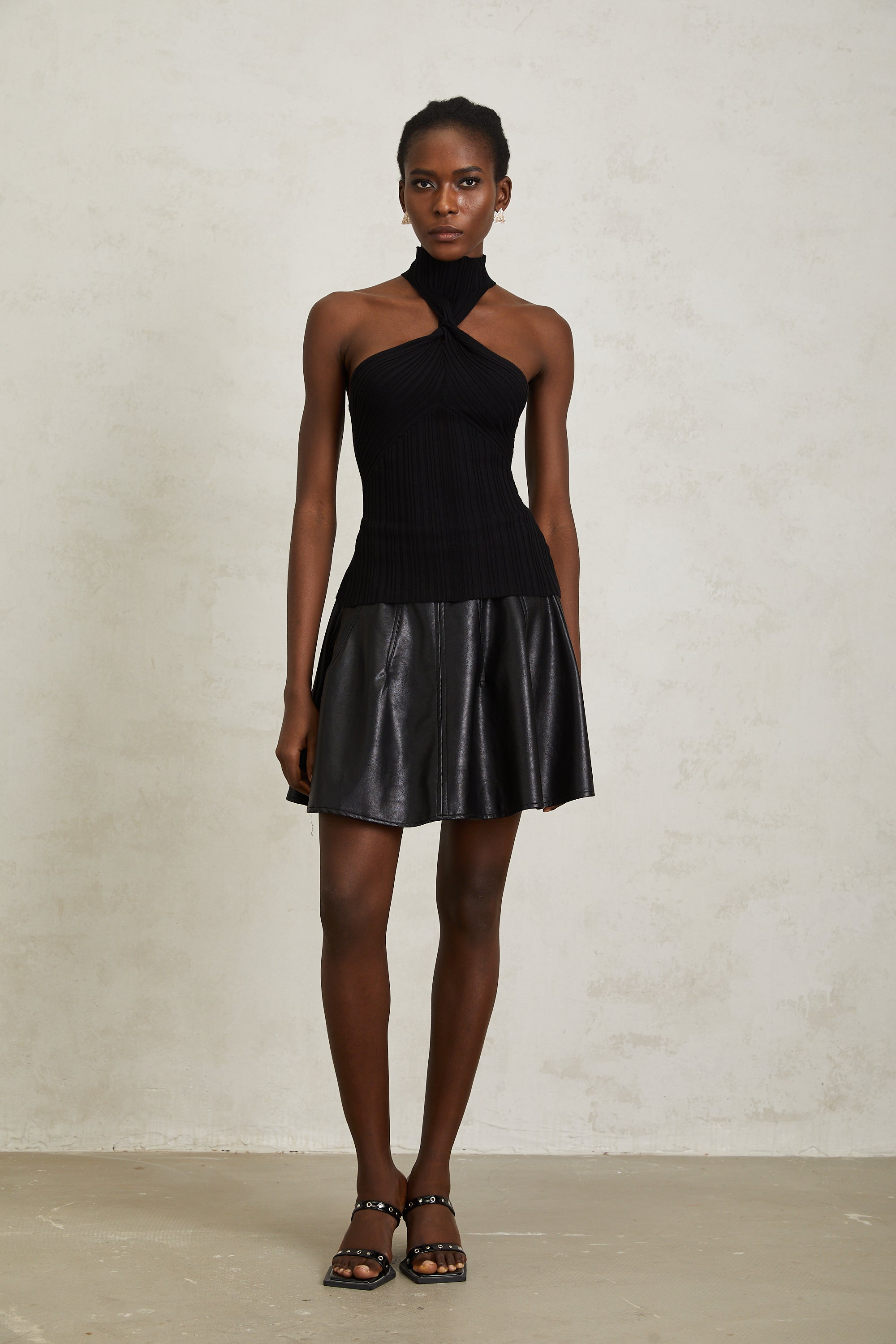 Gabrielle Black Halterneck Ribbed Knit Top