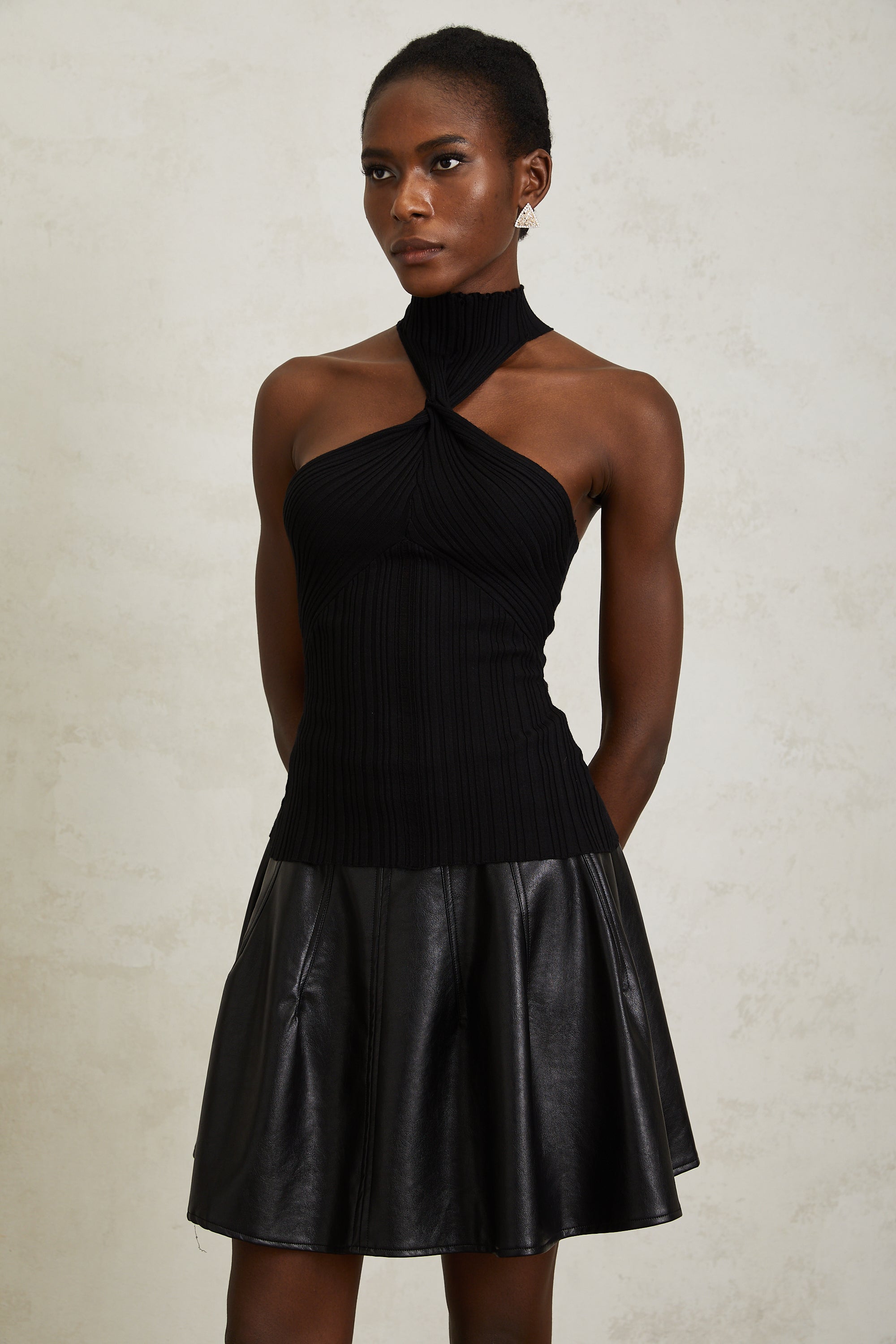 Gabrielle Black Halterneck Ribbed Knit Top