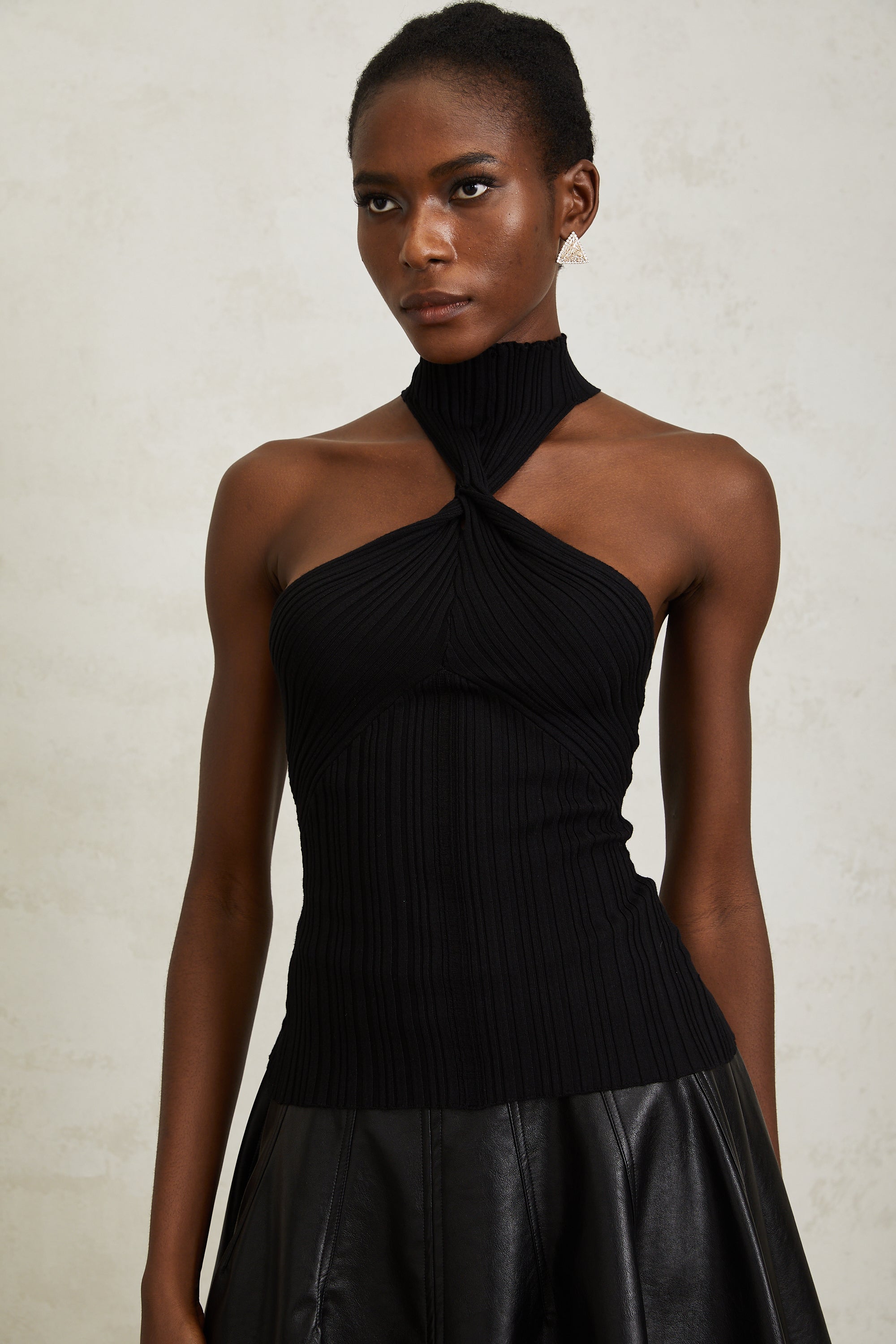 Gabrielle Black Halterneck Ribbed Knit Top