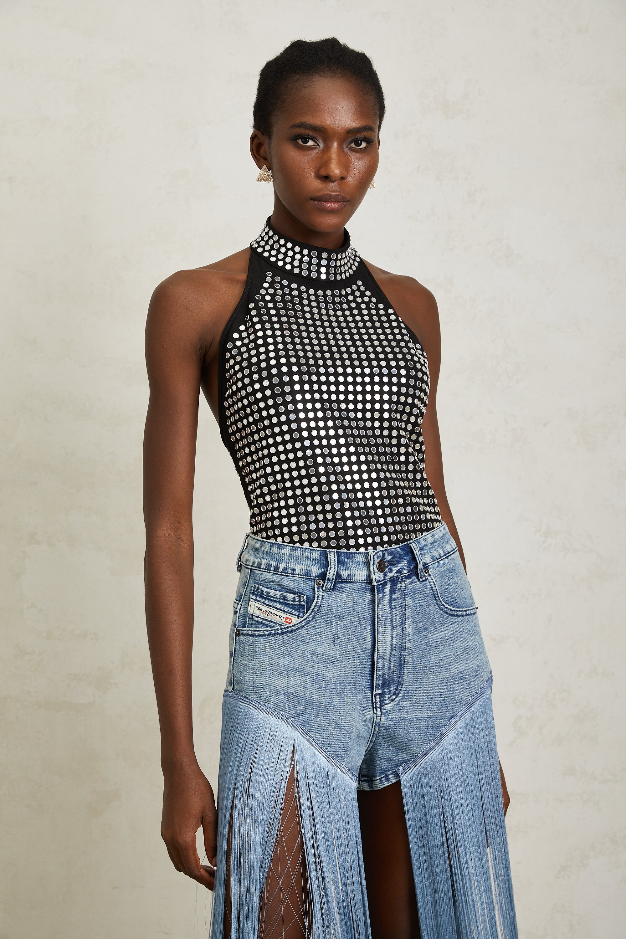 Jade Silver Halterneck Studded Bodysuit