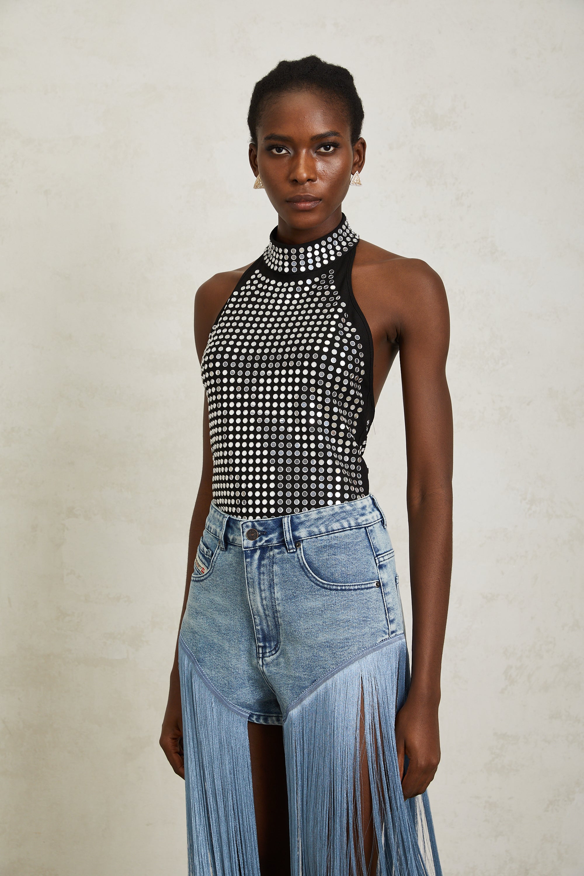 Jade Silver Halterneck Studded Bodysuit