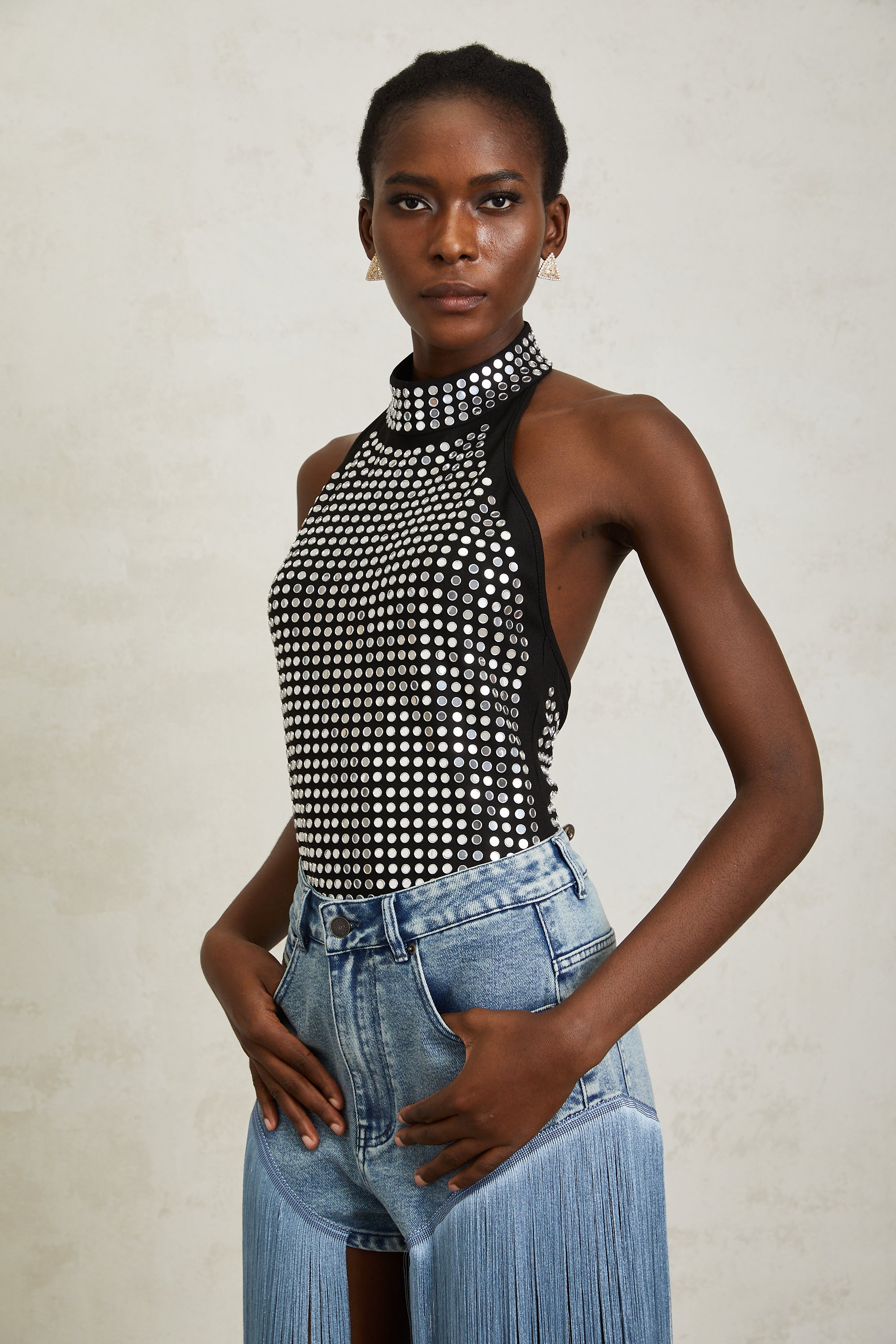 Jade Silver Halterneck Studded Bodysuit