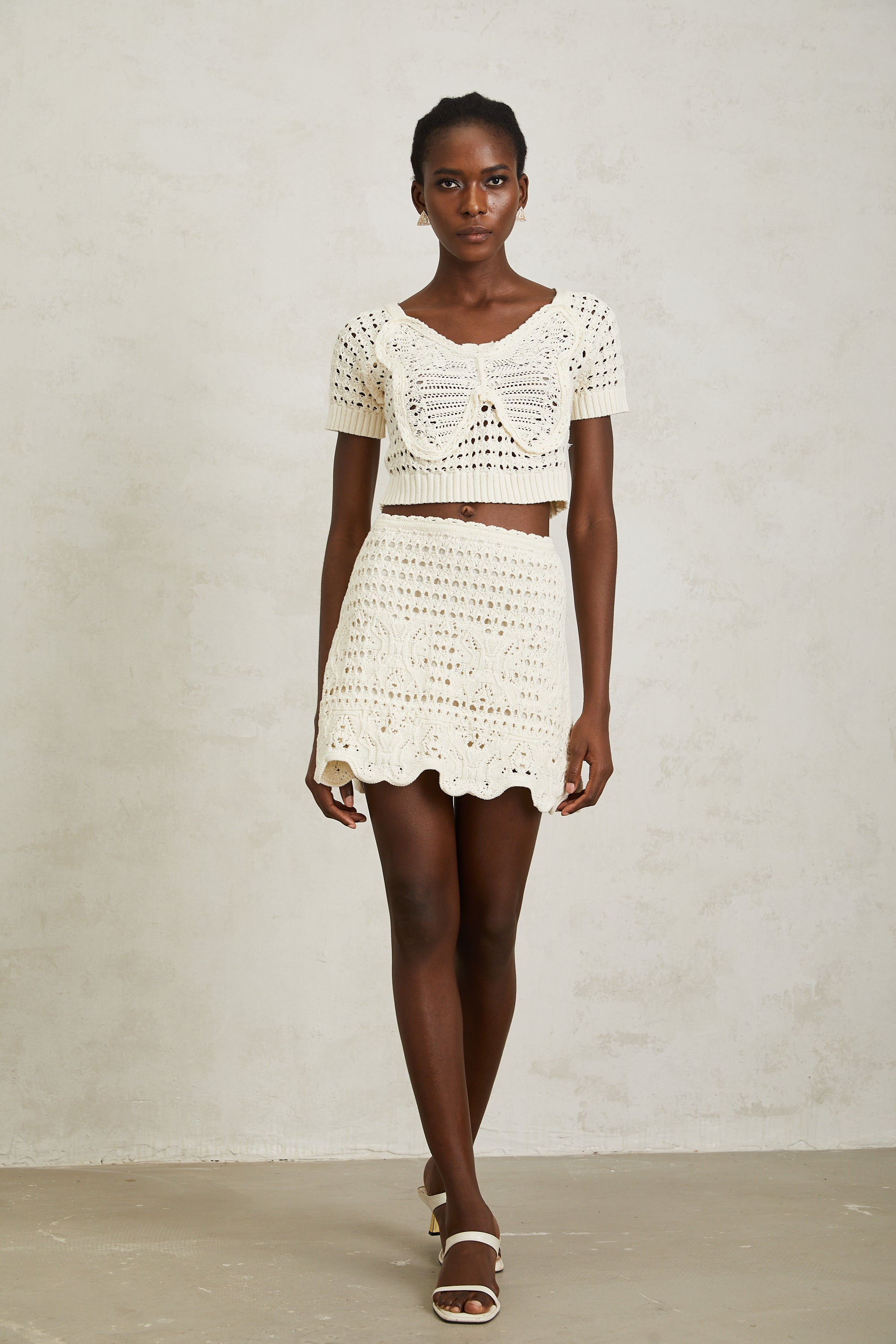 Bérénice Cream White Crochet Knit Mini Skirt