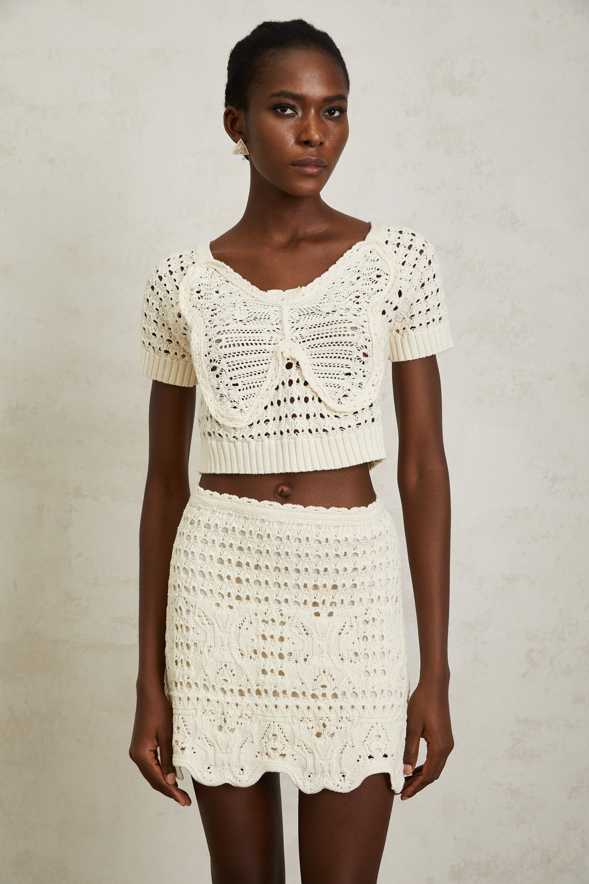 Bérénice Cream White Crochet Knit Mini Skirt