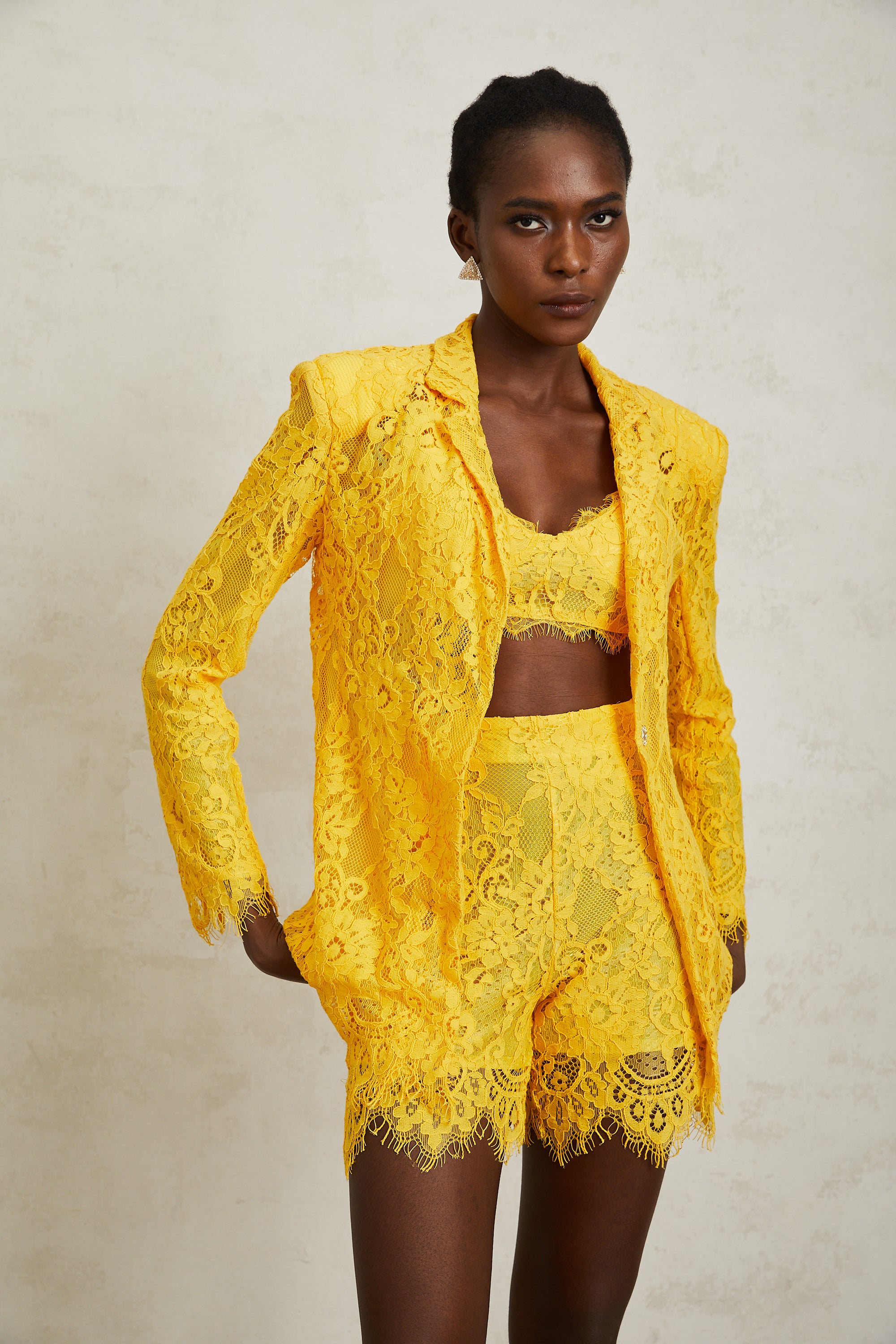 Géraldine Yellow Frayed Floral Lace Matching Set
