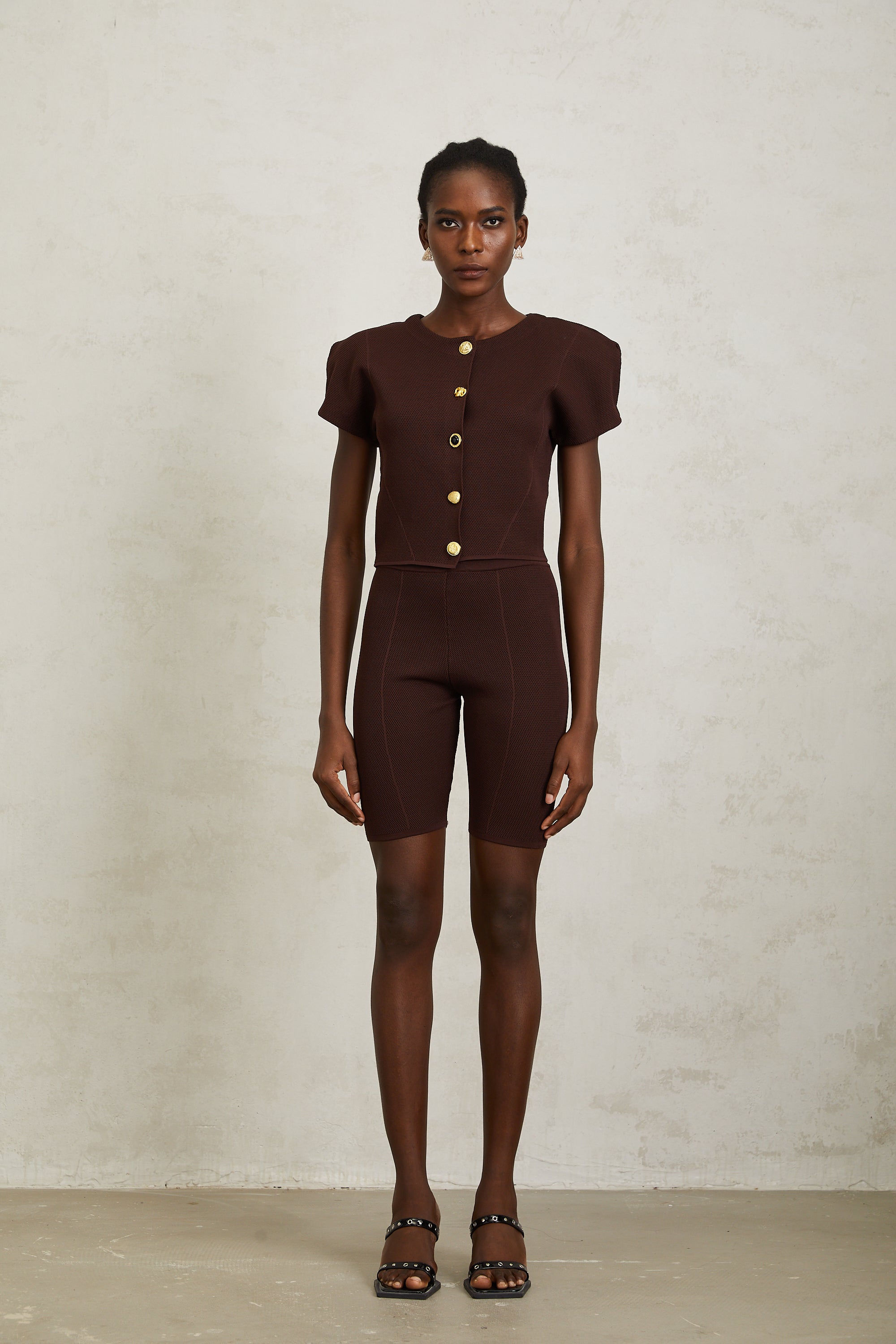 Hélène Brown Textured Knit Top & Shorts Set