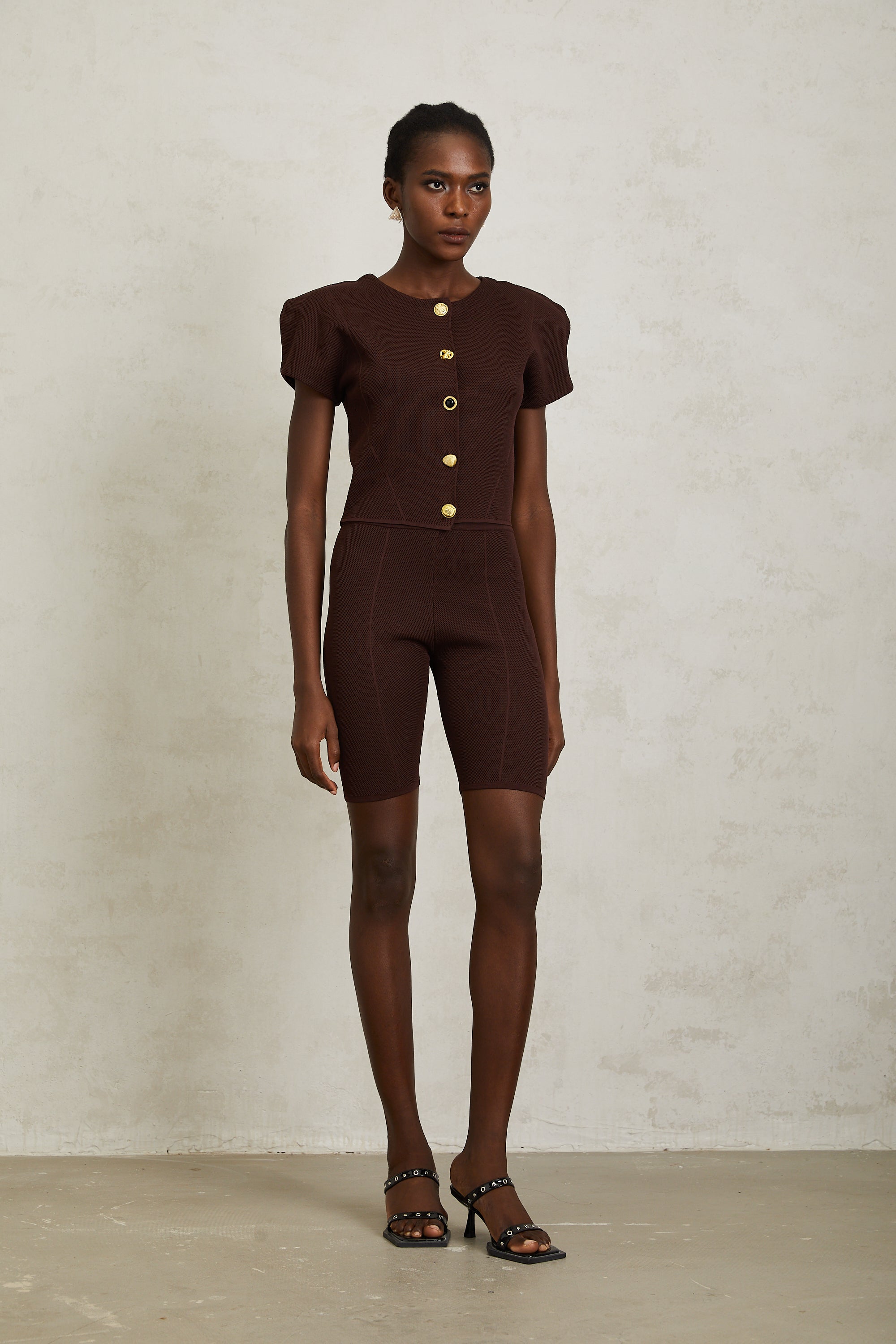 Hélène Brown Textured Knit Top & Shorts Set