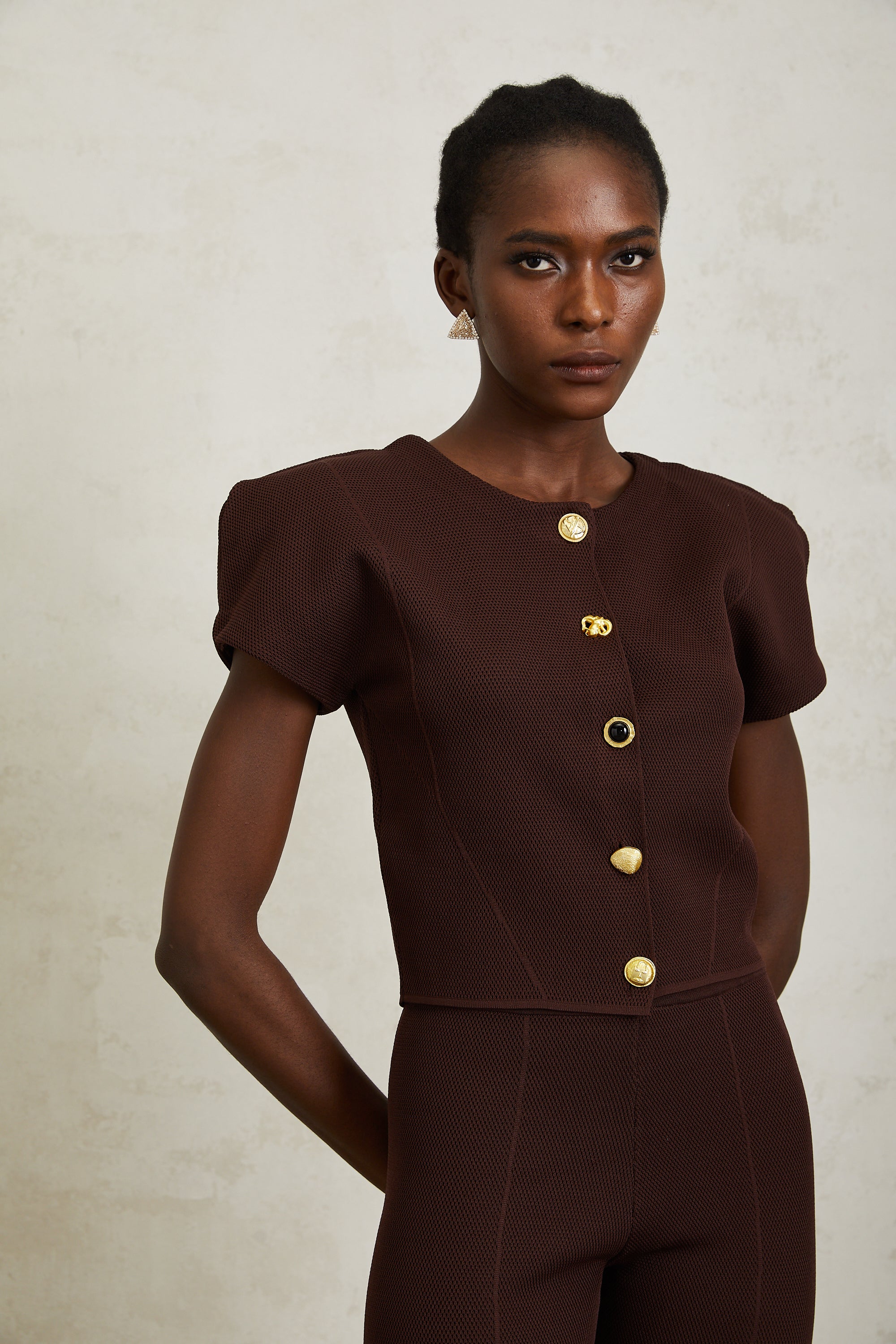 Hélène Brown Textured Knit Top & Shorts Set